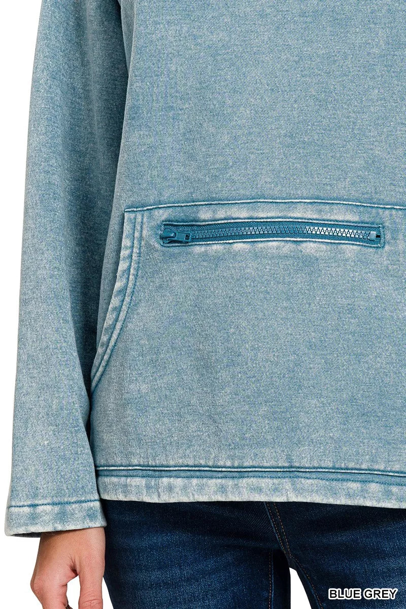 Zenana Fleece Washed High Neck Kangaroo Pocket Sweatshirt
