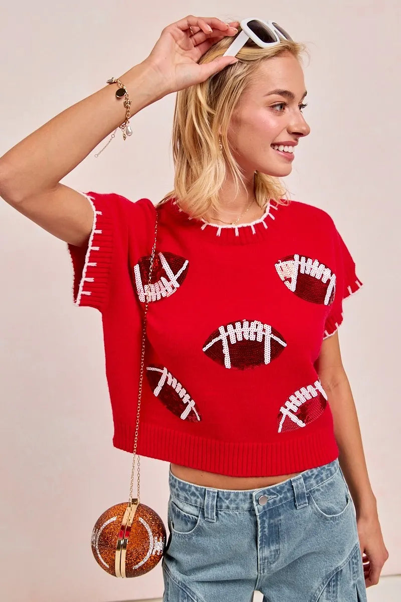 BiBi Gameday Sequin Football Embroidered Stitch Sweater