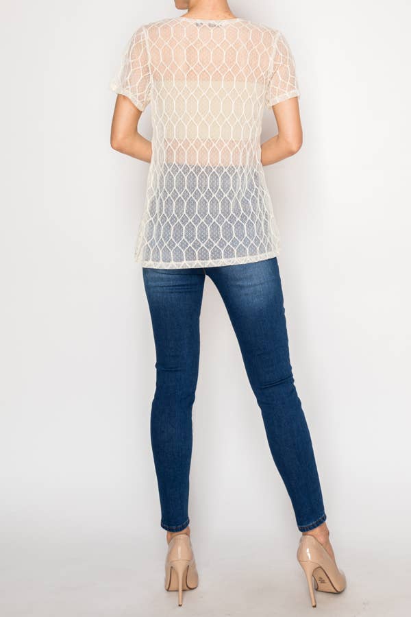 Sheer Lattice Mesh Short Sleeve Blouse - Beige
