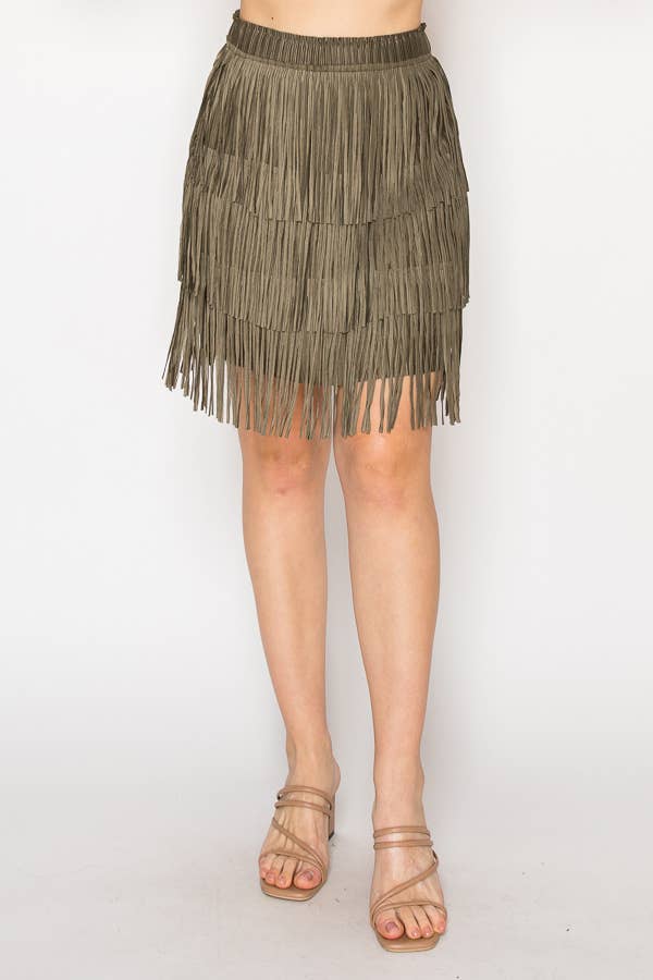 Olive Knee Length Layered Fringe Tiered Skirt