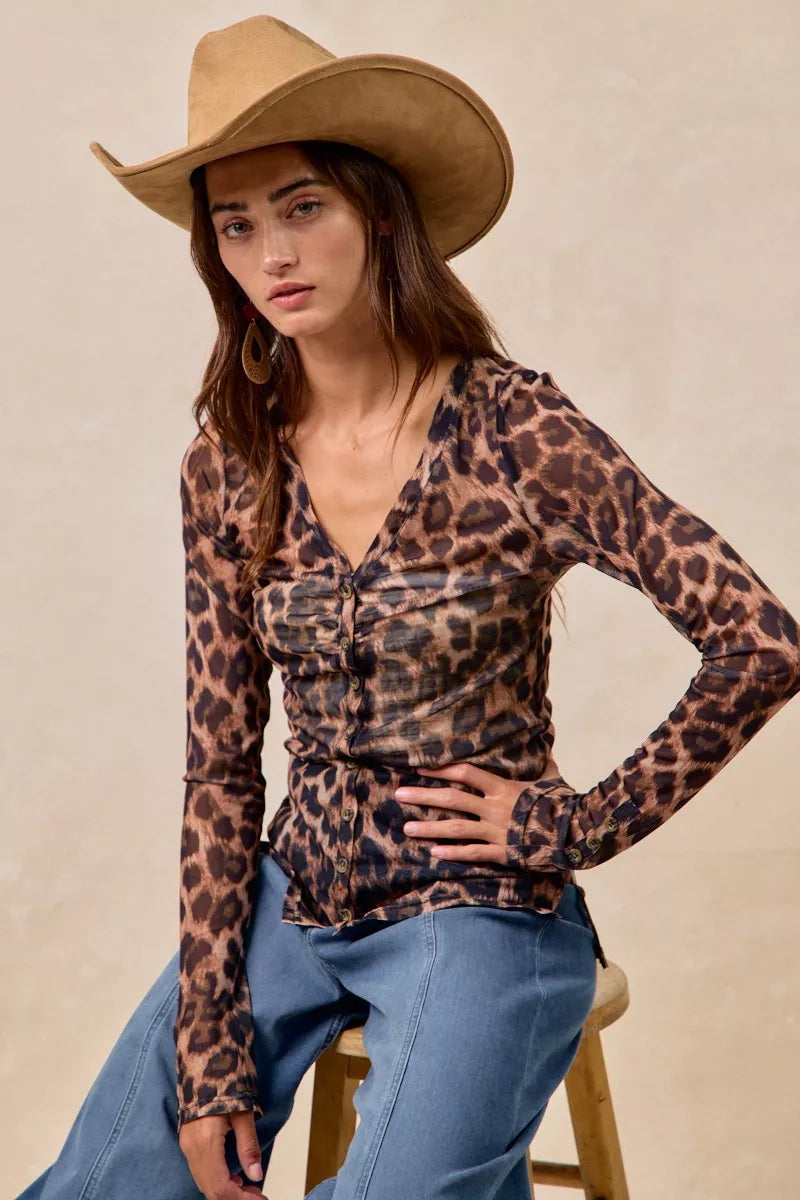 BiBi Leopard Printed Mesh Shirt With Button Up V Neck
