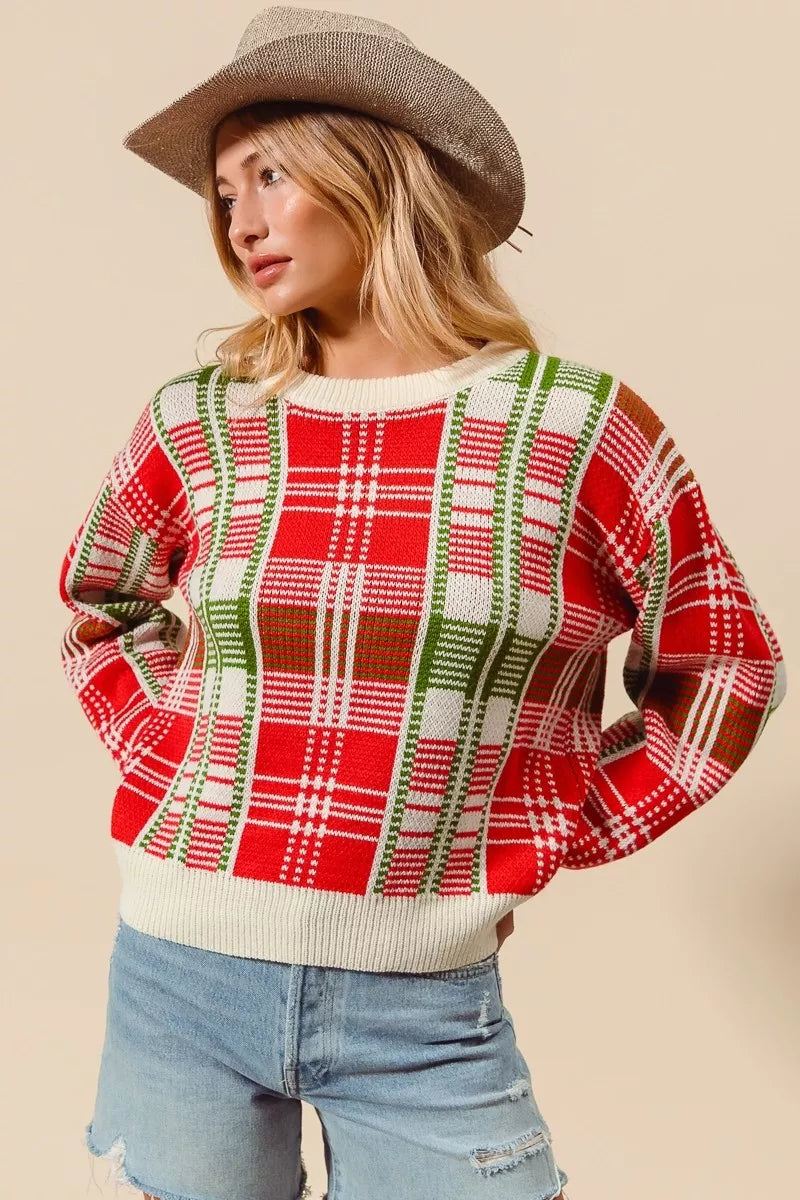 SO ME Christmas Color Checkered Plaid Crew Neck Sweater