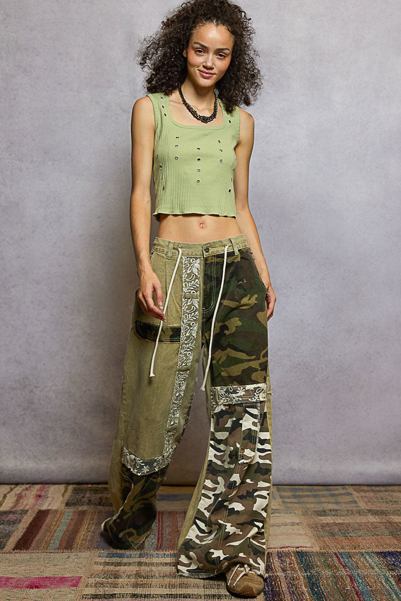 Camoflauge Patchwork Wide Leg Cargo Pants