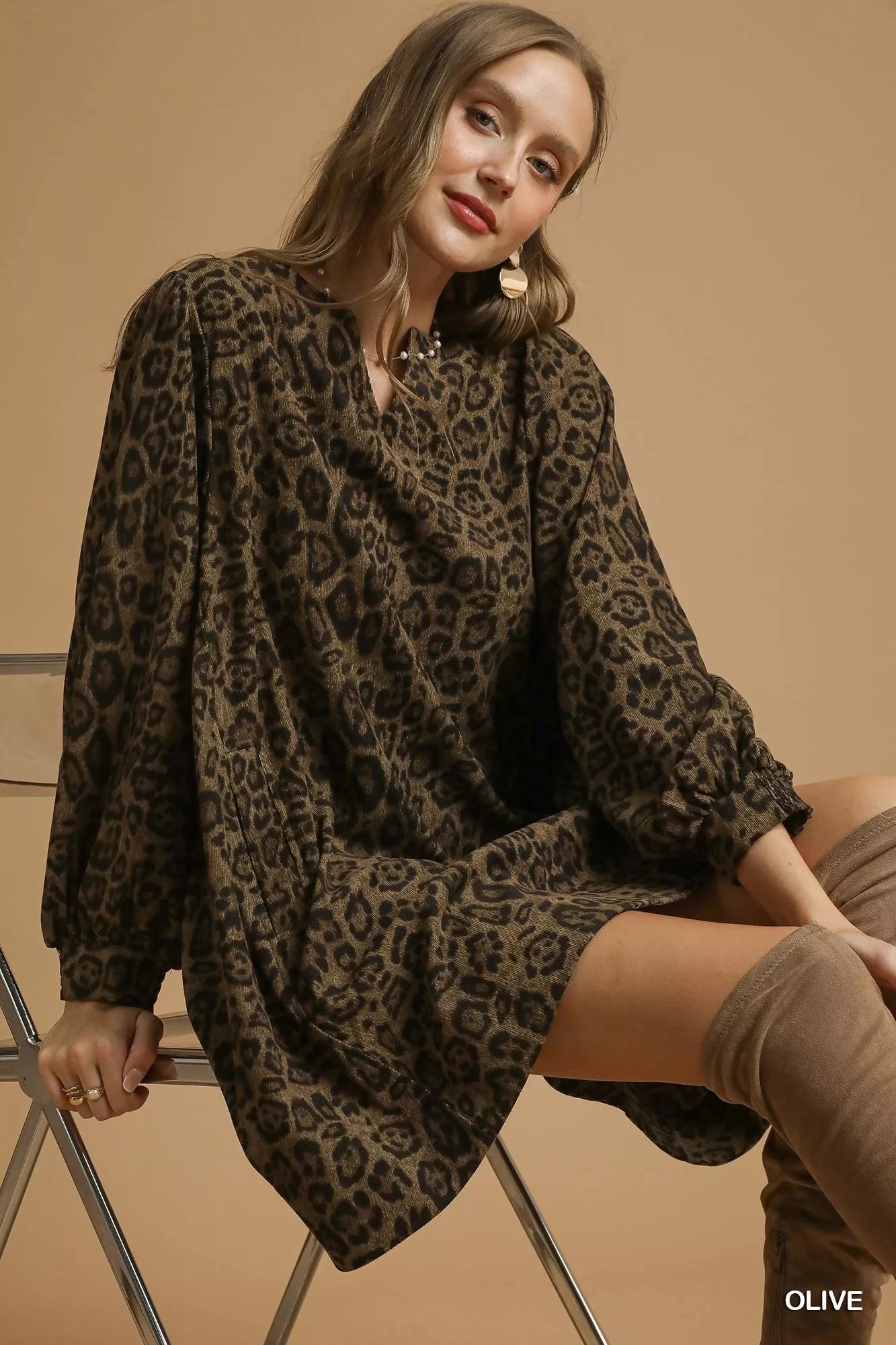 Umgee Leopard Print Long Sleeve Swing Dress