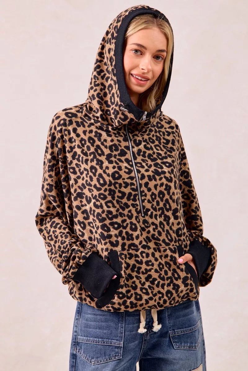 BiBi Leopard Print Waffle Half Zip Up Hoodie W Pocket