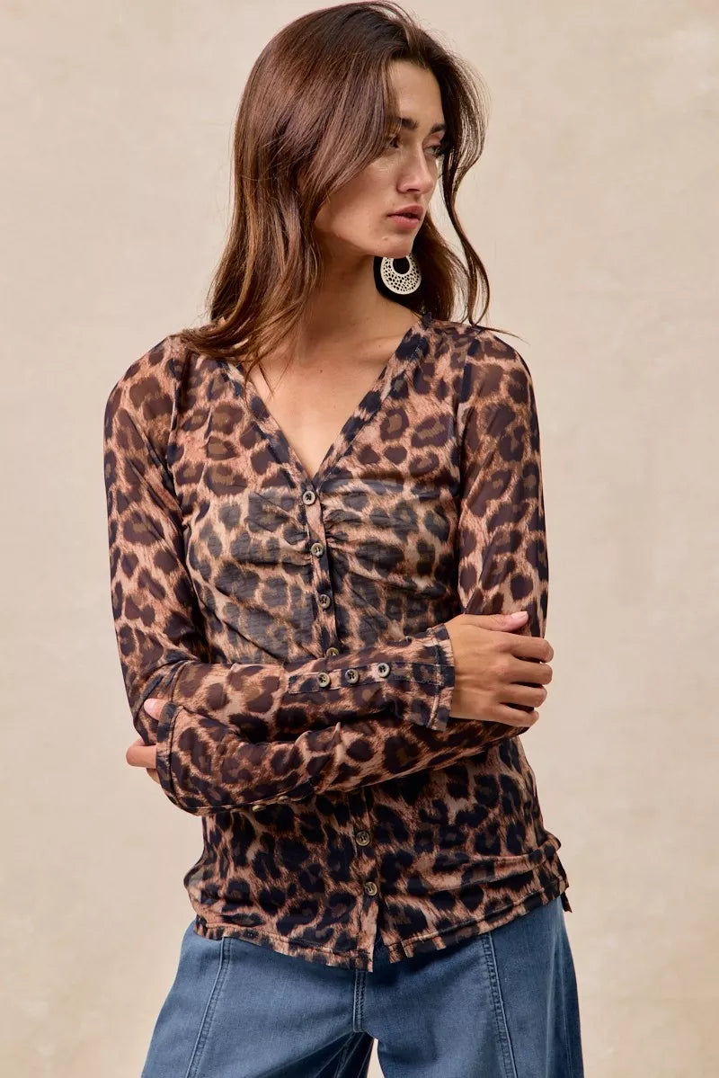 BiBi Leopard Printed Mesh Shirt With Button Up V Neck