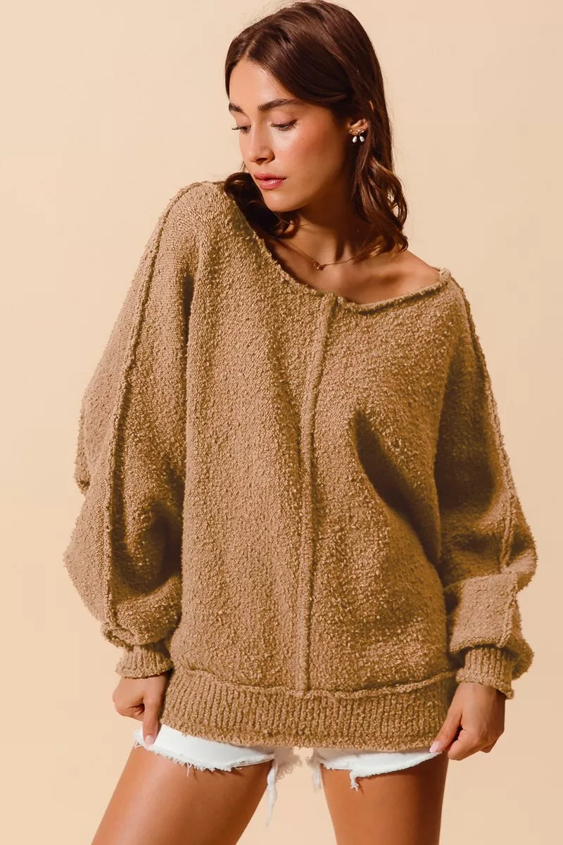 SO ME Loose Fit Exposed Seam Slouchy Boucle Sweater