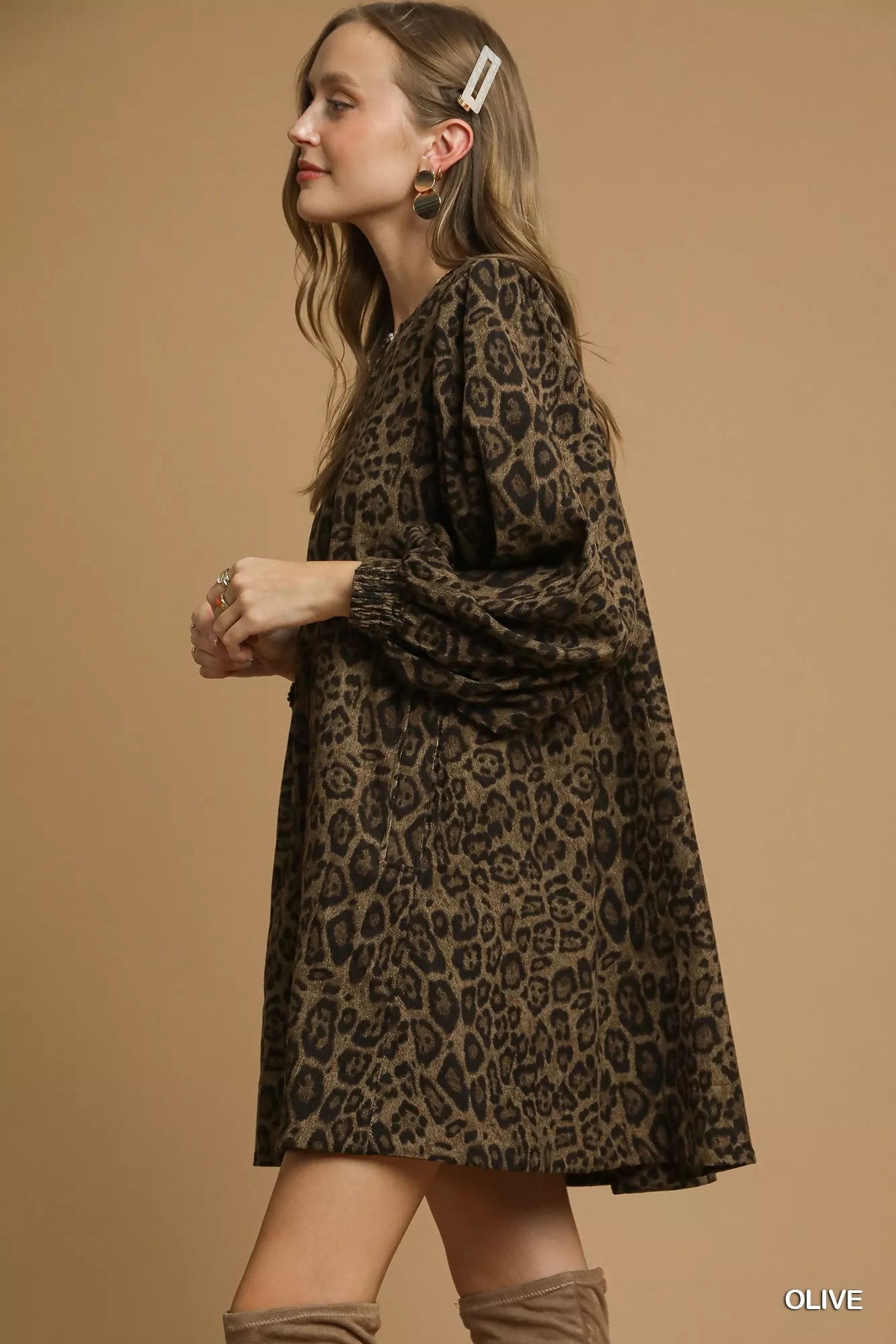 Umgee Leopard Print Long Sleeve Swing Dress