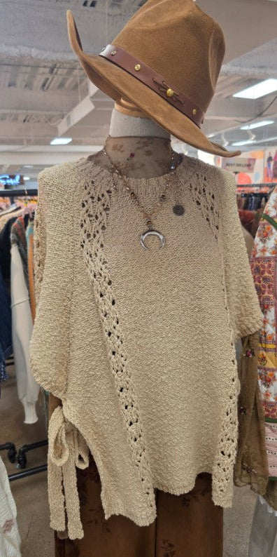 EASEL Boho Lace Trim Poncho Sweater with Side Ties