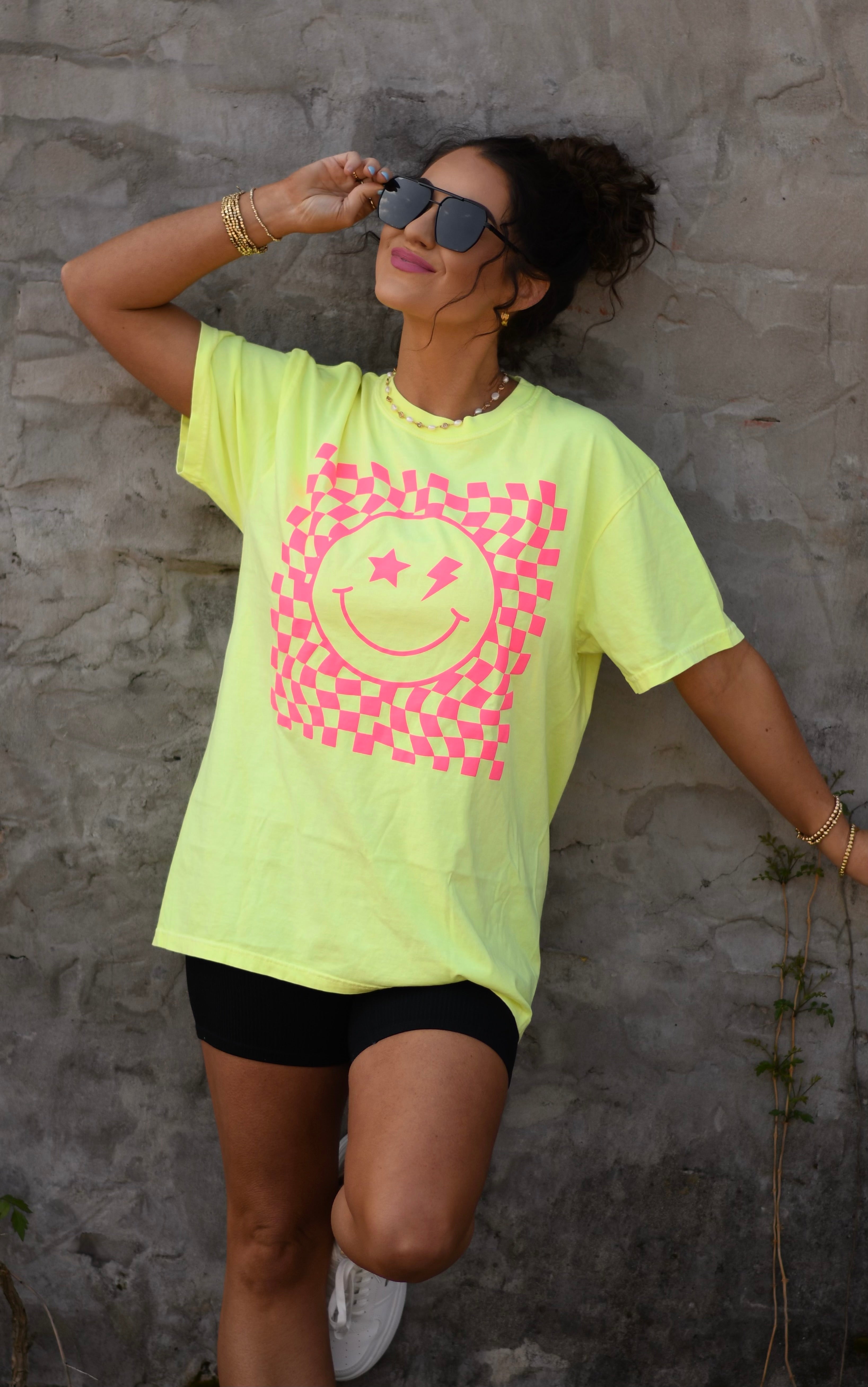 Neon Yellow Checkered Smiley Tee