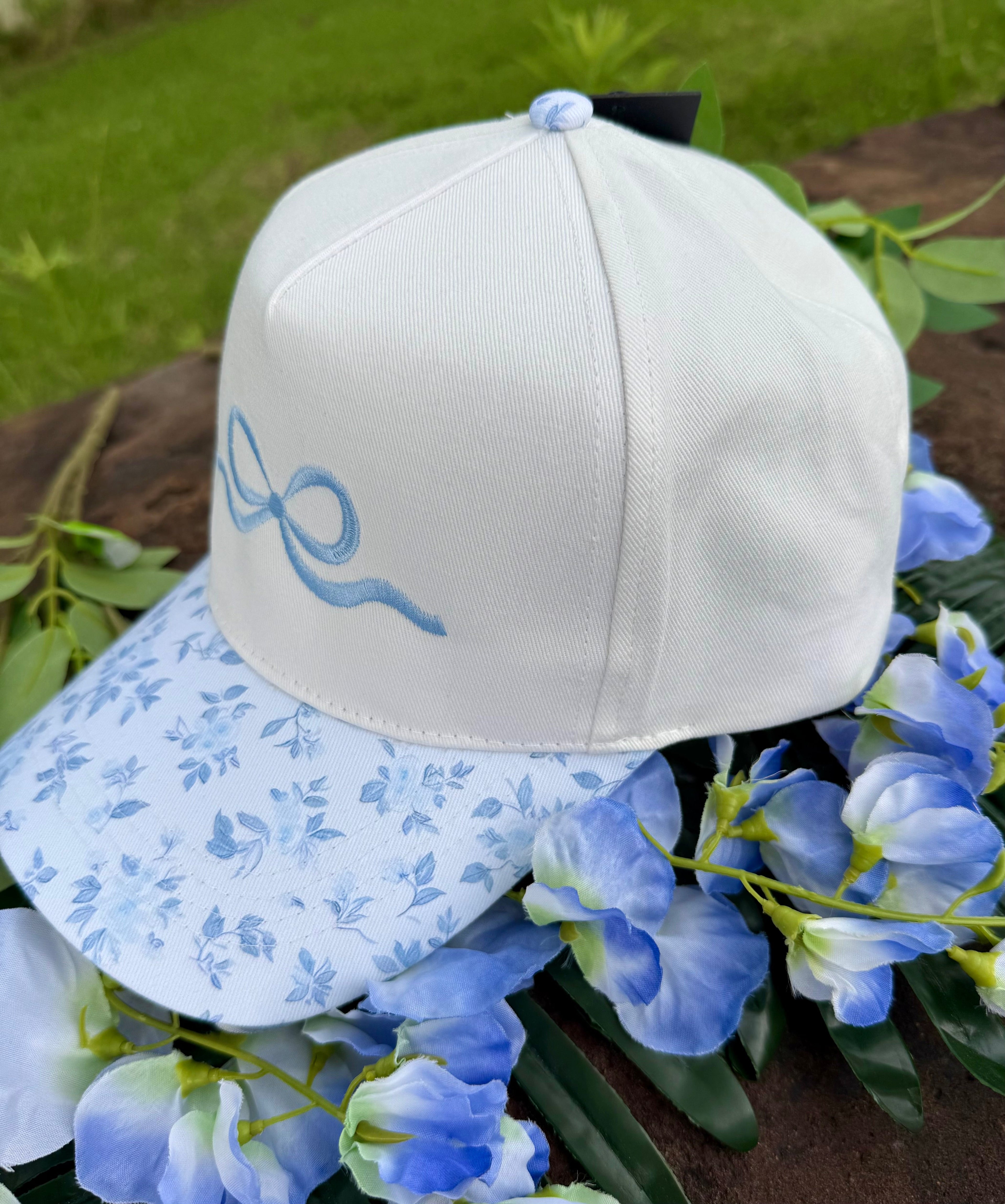 Blue Embroidered Bow Floral Hat