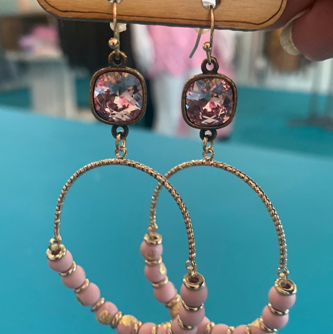 Rose Gold Arch and pink wood bead earring