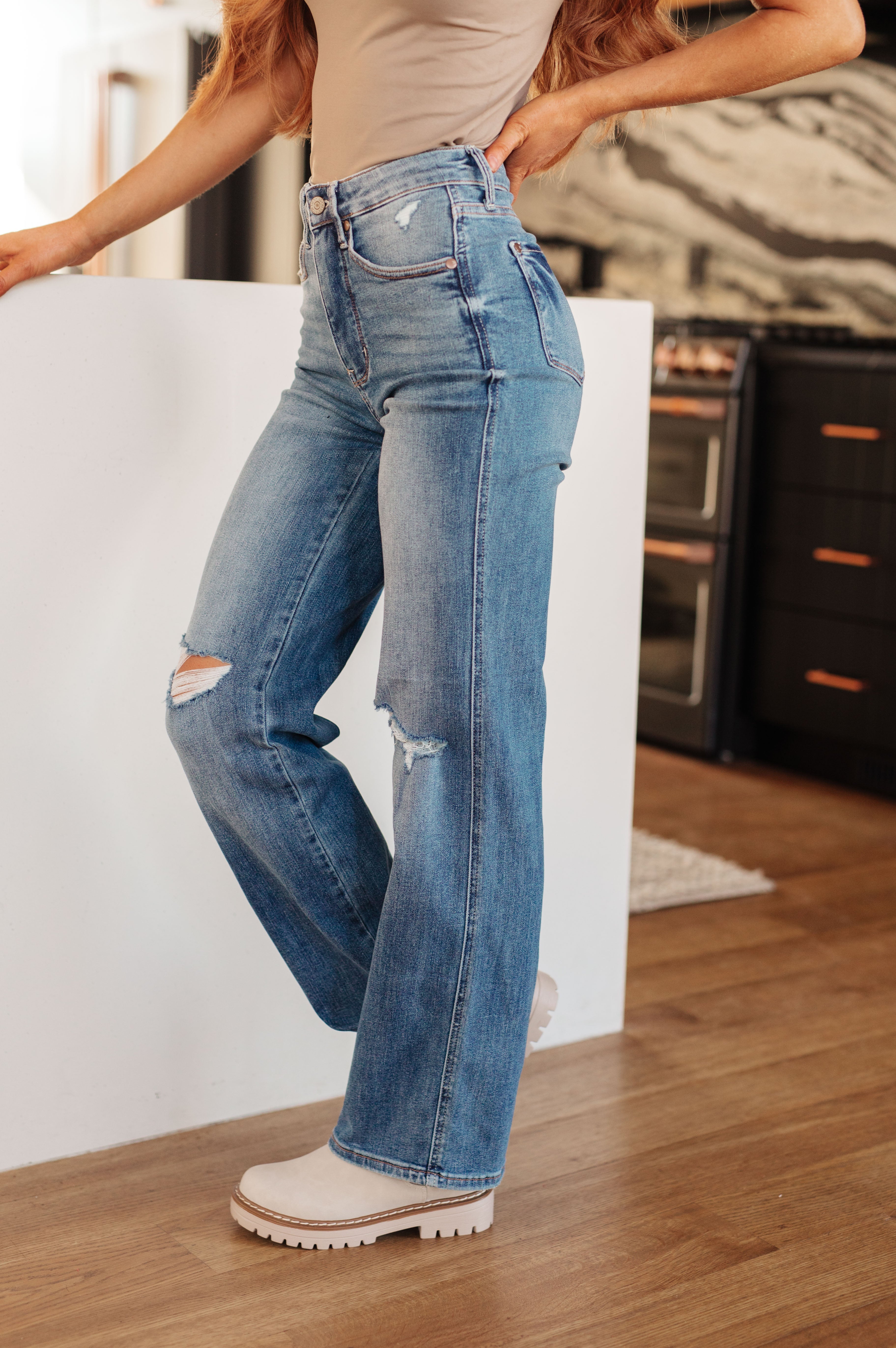 Denim Bree High Rise Control Top Distressed Straight Jeans