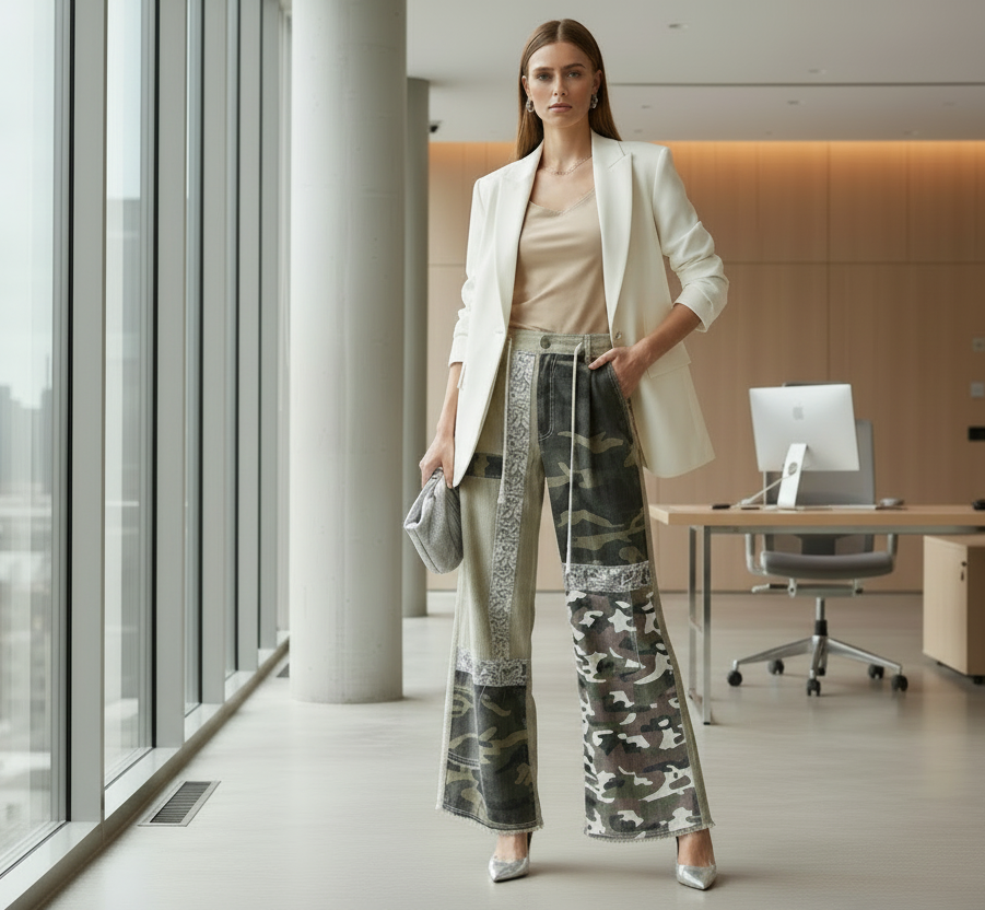 Camoflauge Patchwork Wide Leg Cargo Pants