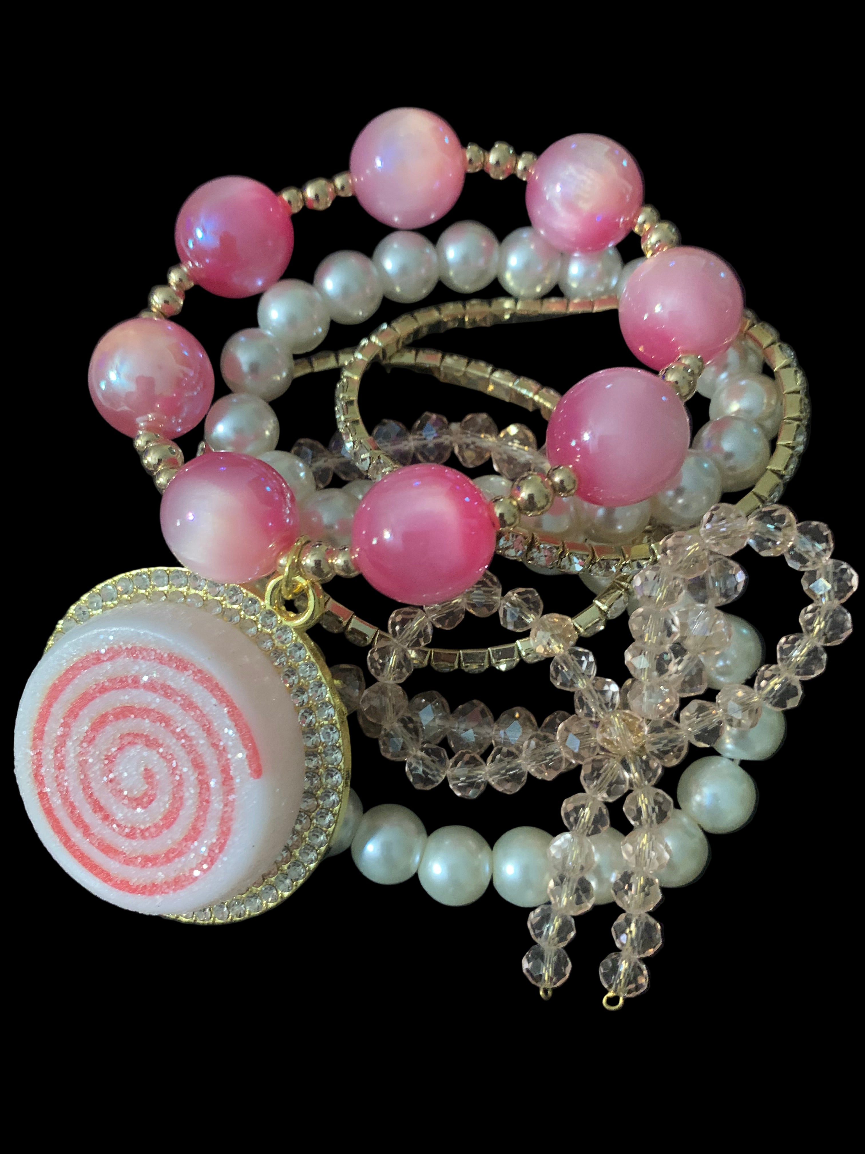 🎀 Pink Peppermint & Pearls Bracelet Stack (6-Piece)