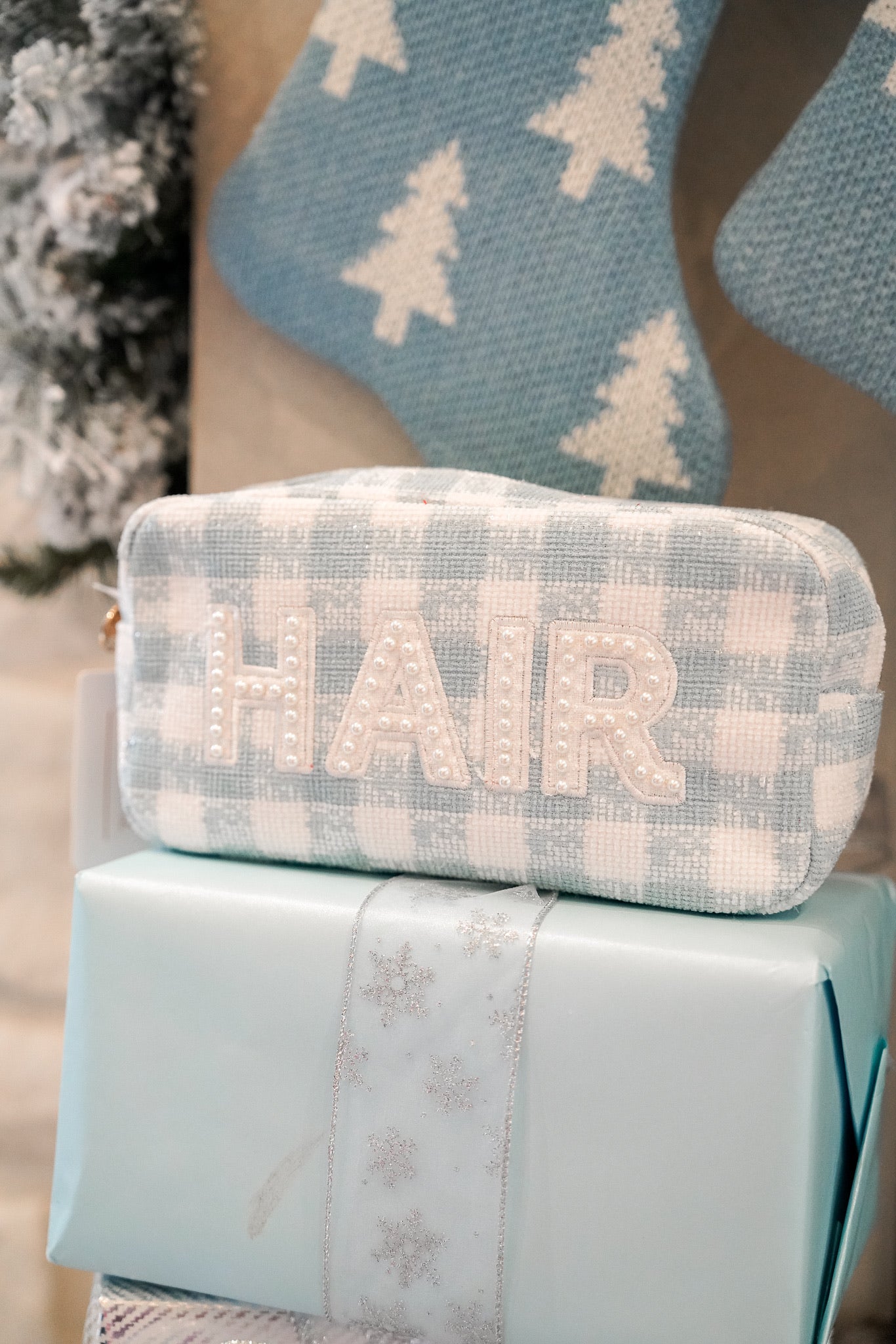 Makeup Bag Hair - Blue Plaid Large Bag