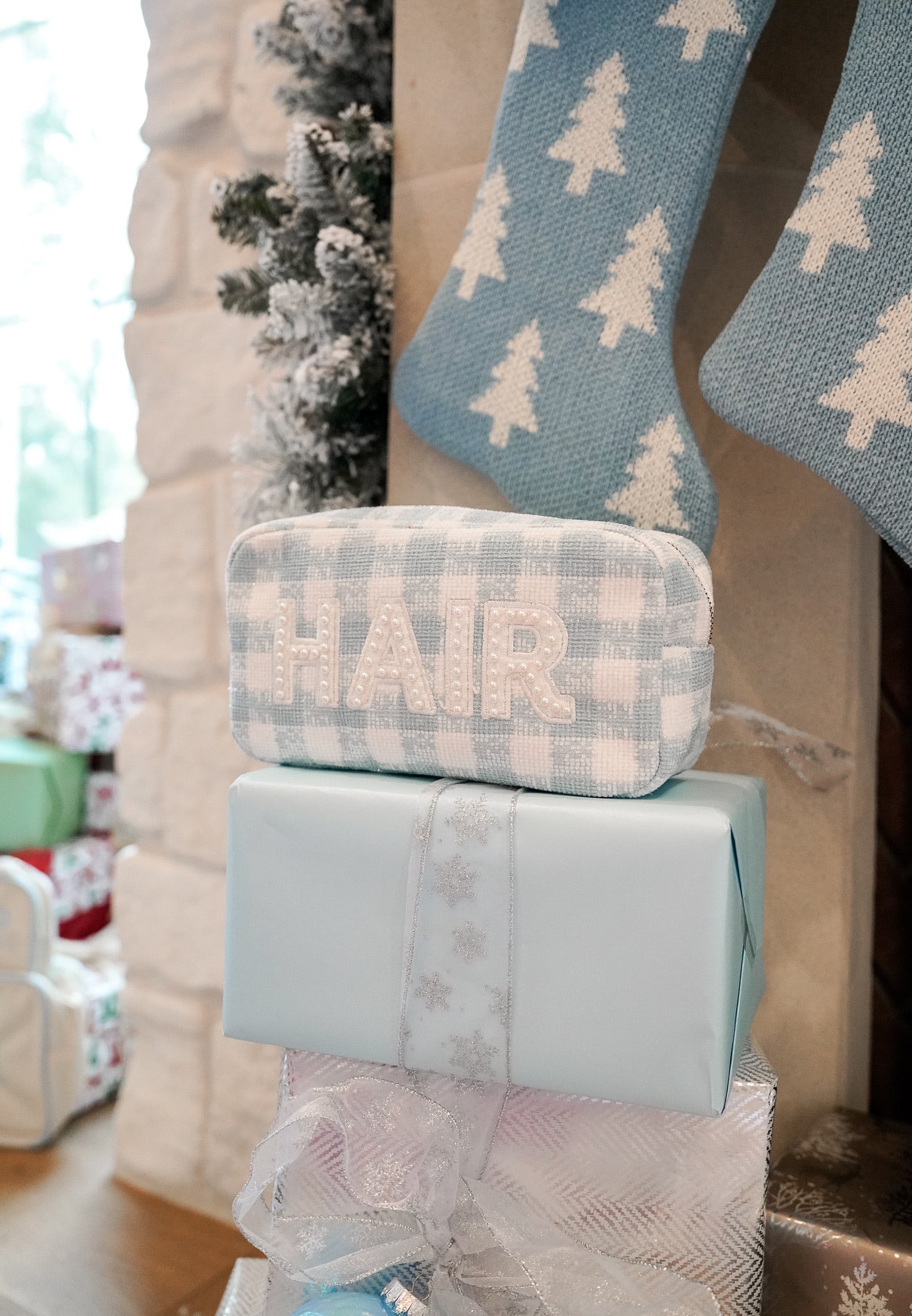 Makeup Bag Hair - Blue Plaid Large Bag