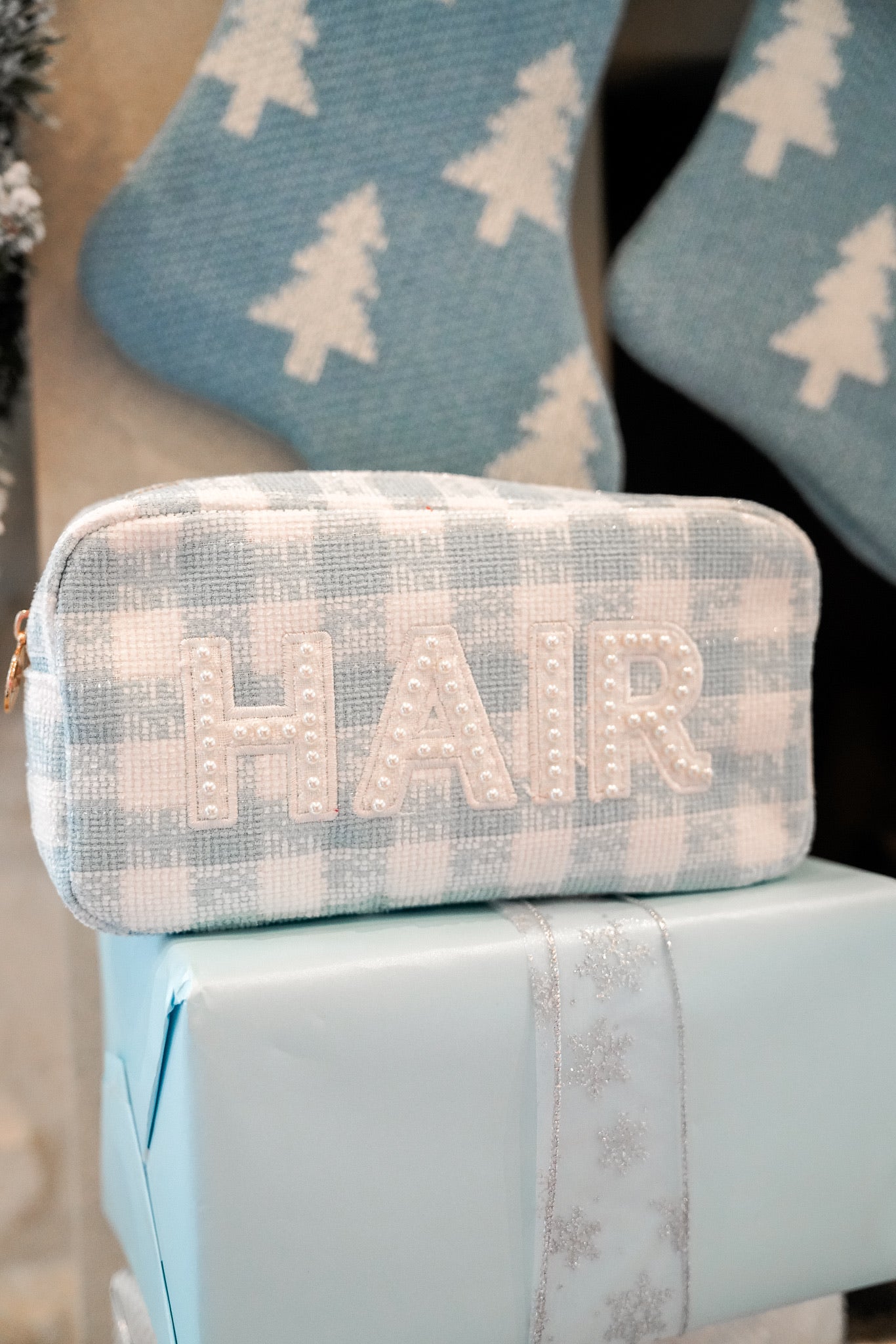 Makeup Bag Hair - Blue Plaid Large Bag