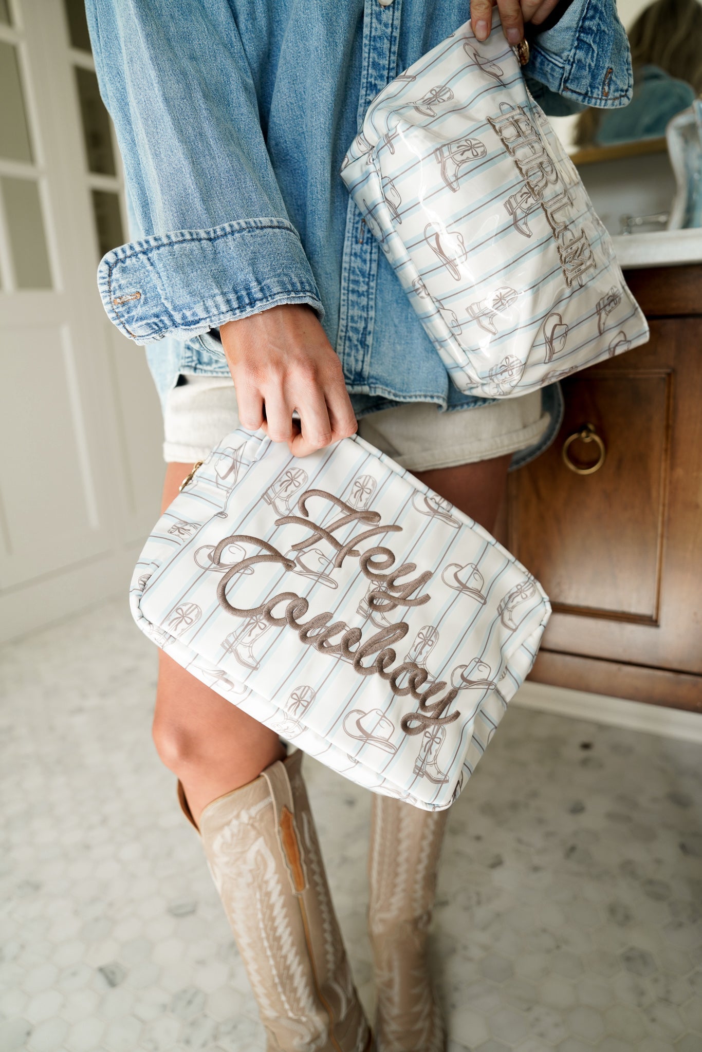 Makeup Bag Hey Cowboy - Western Blues Striped XL Bag