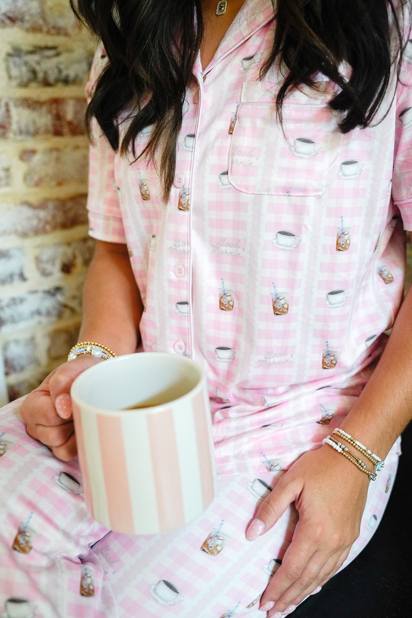 Pajamas Pink Coffee - Short Sleeve + Pant Pajama Set
