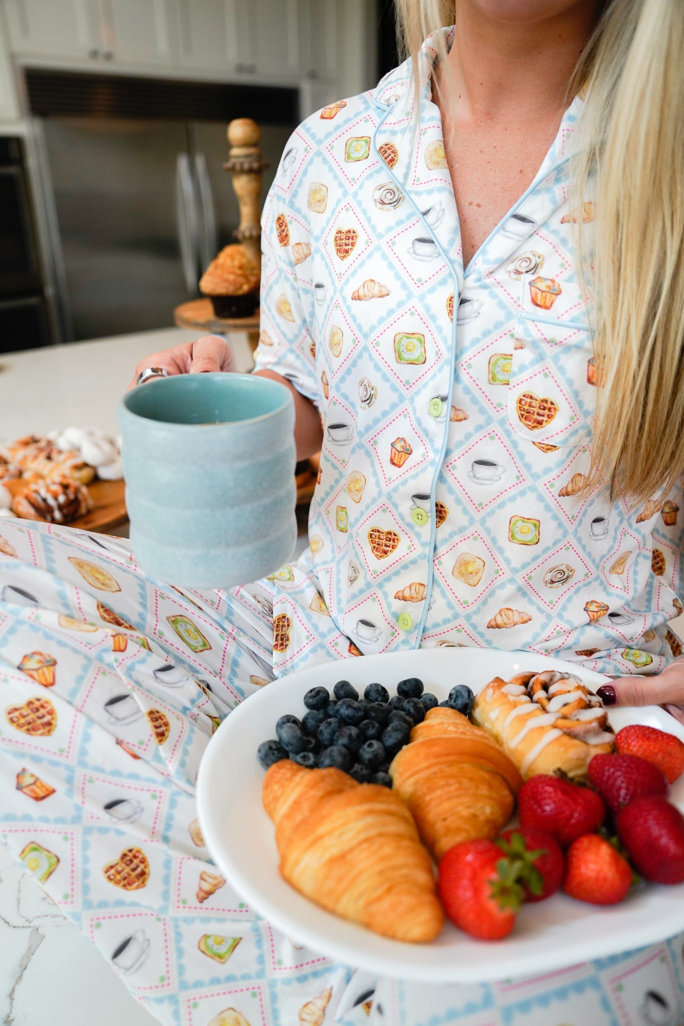 Pajamas Blue Breakfast - Short Sleeve + Pant Pajama Set