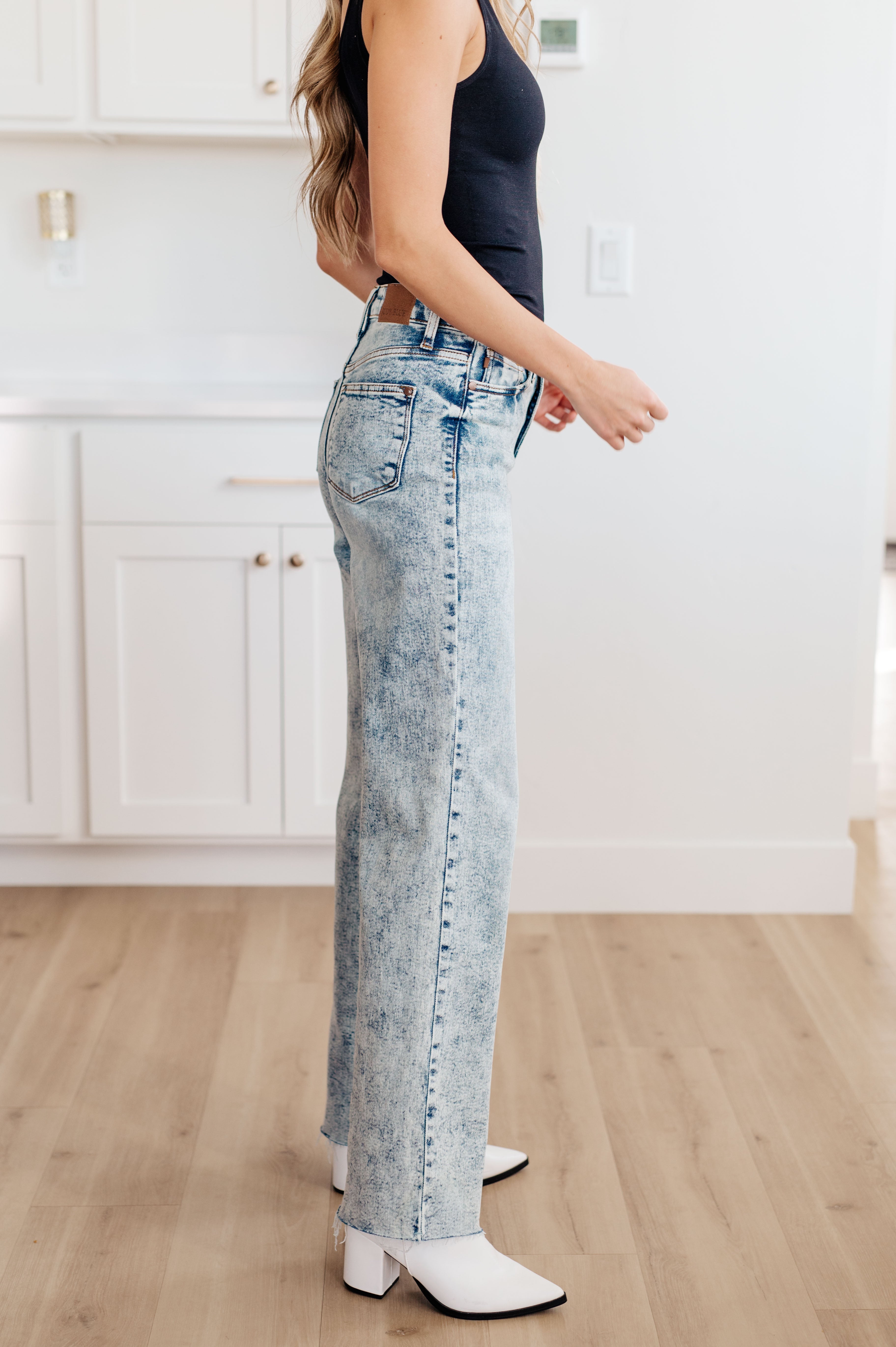 Denim Dory High Waist Mineral Wash Raw Hem Wide Leg Jeans