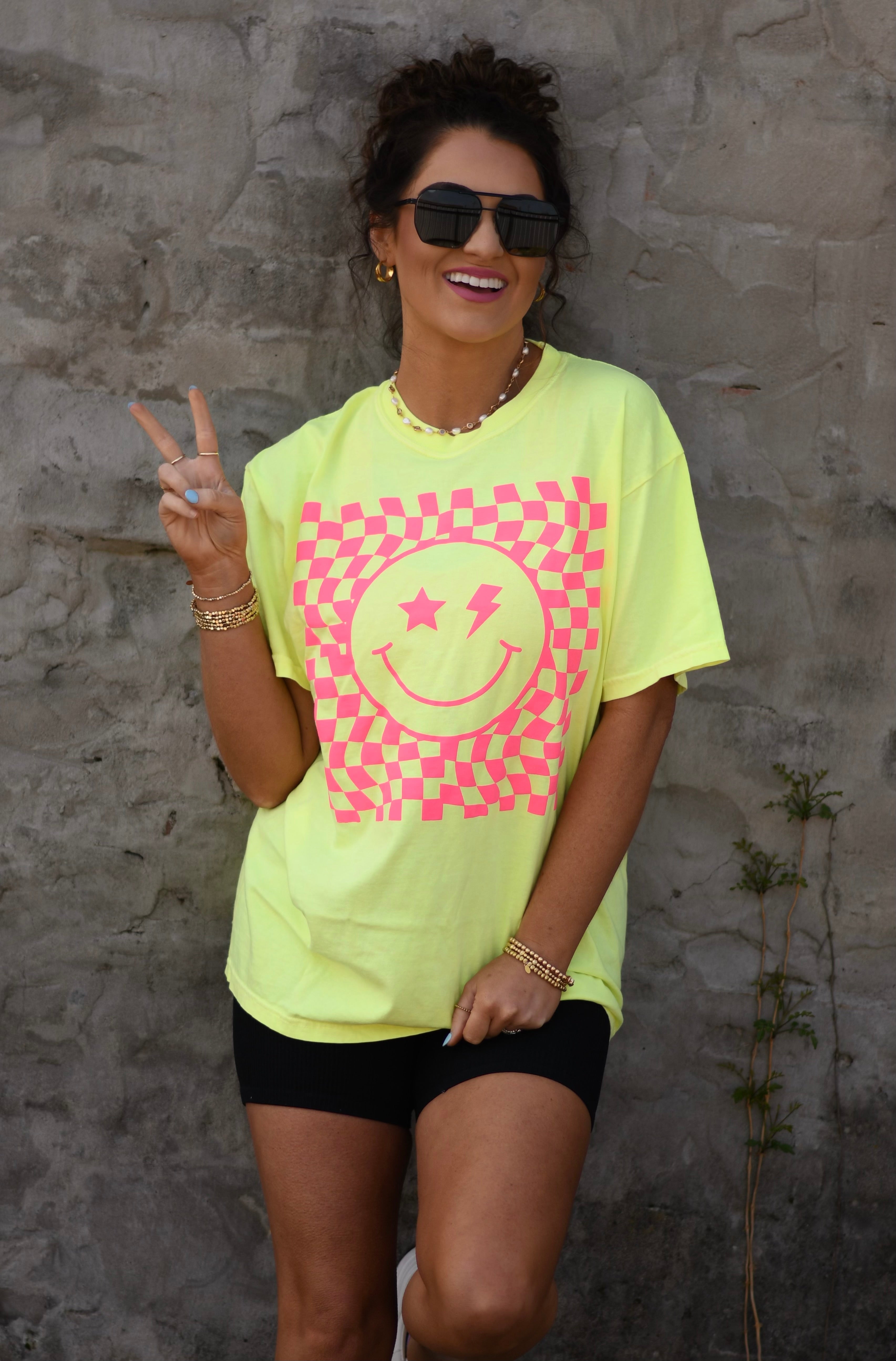 Neon Yellow Checkered Smiley Tee