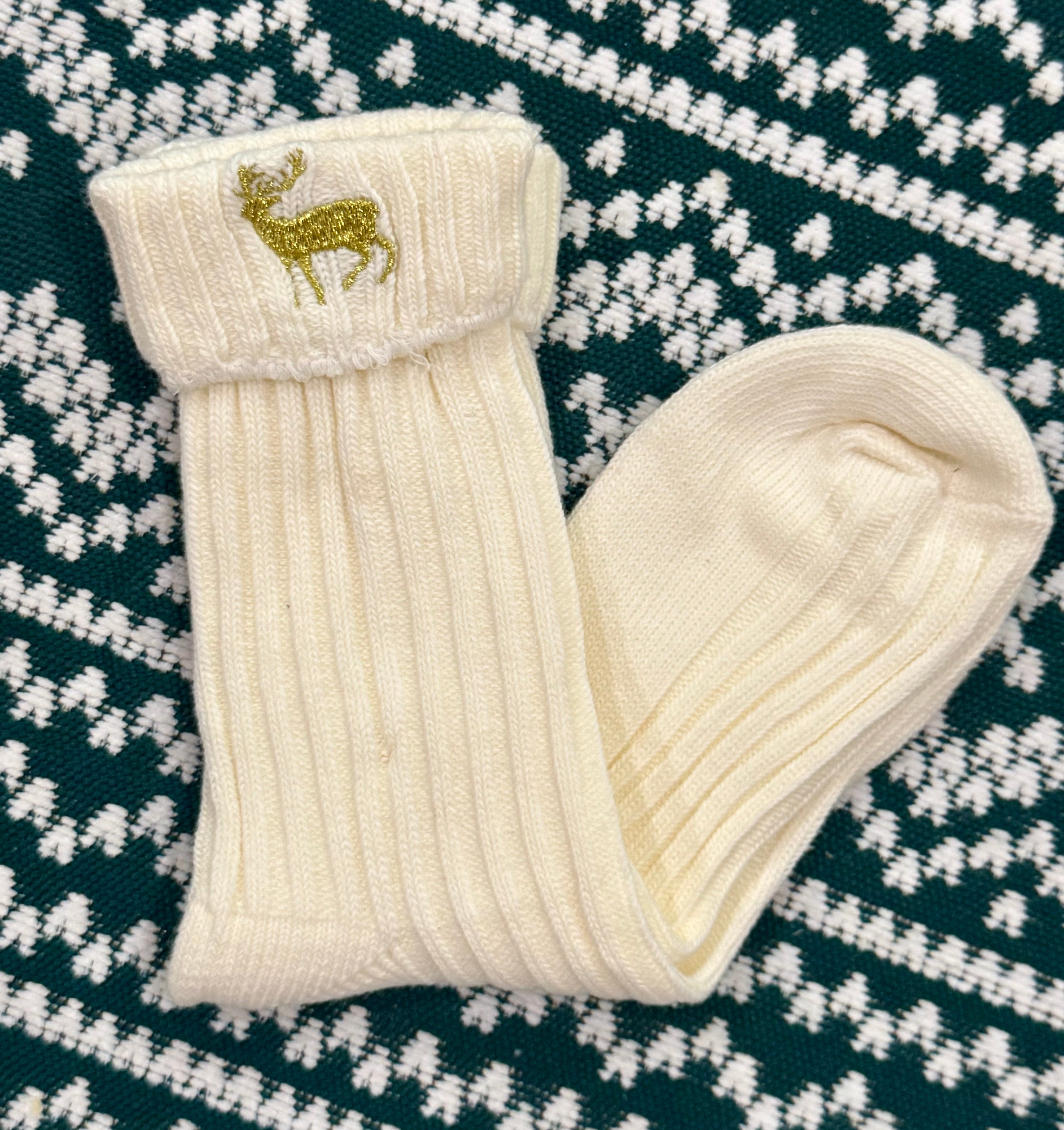 *SALE* RTS Ivory Reindeer Embroidered Socks