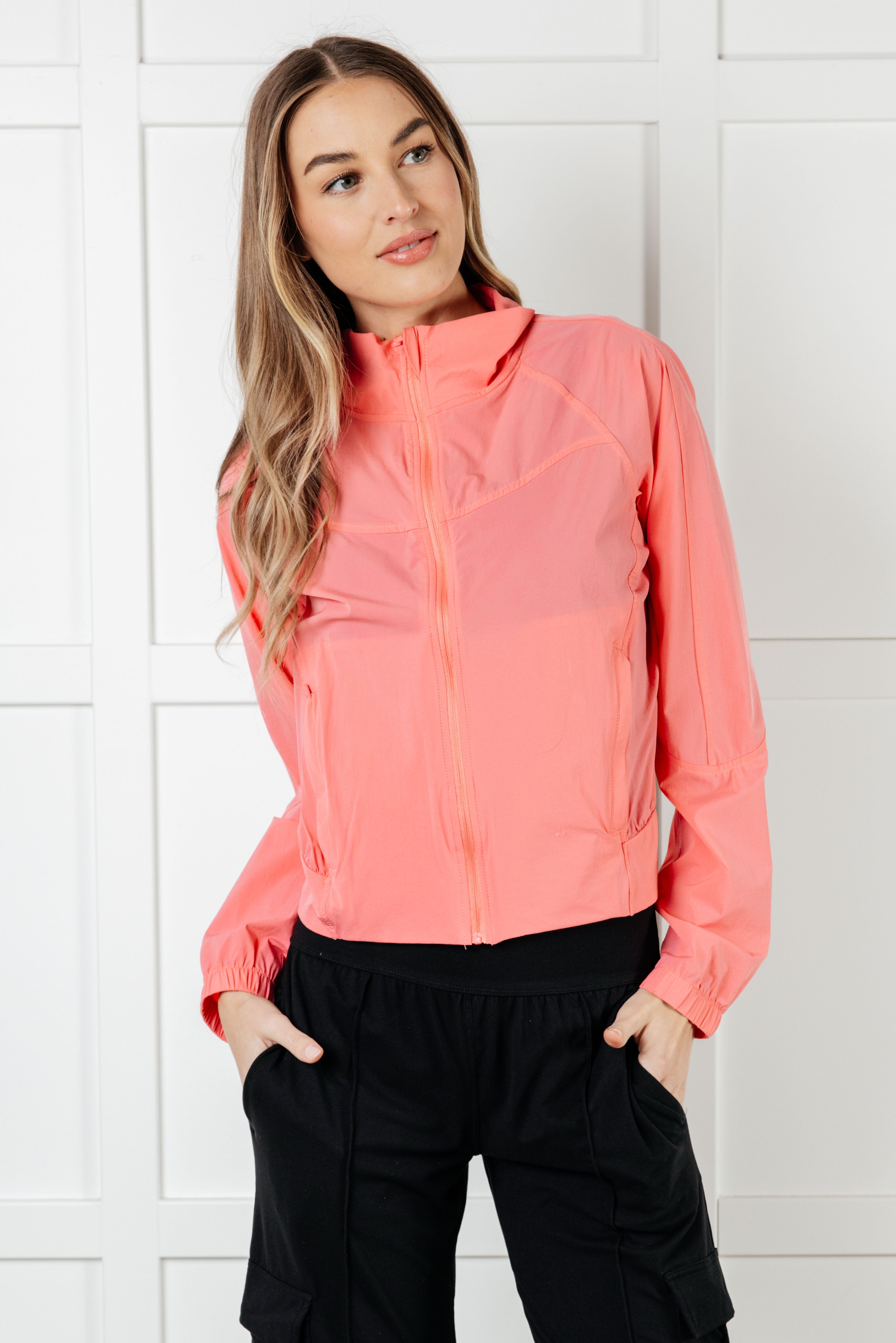Layers Fit Happens Nylon Tennis Jacket in Coral Rose