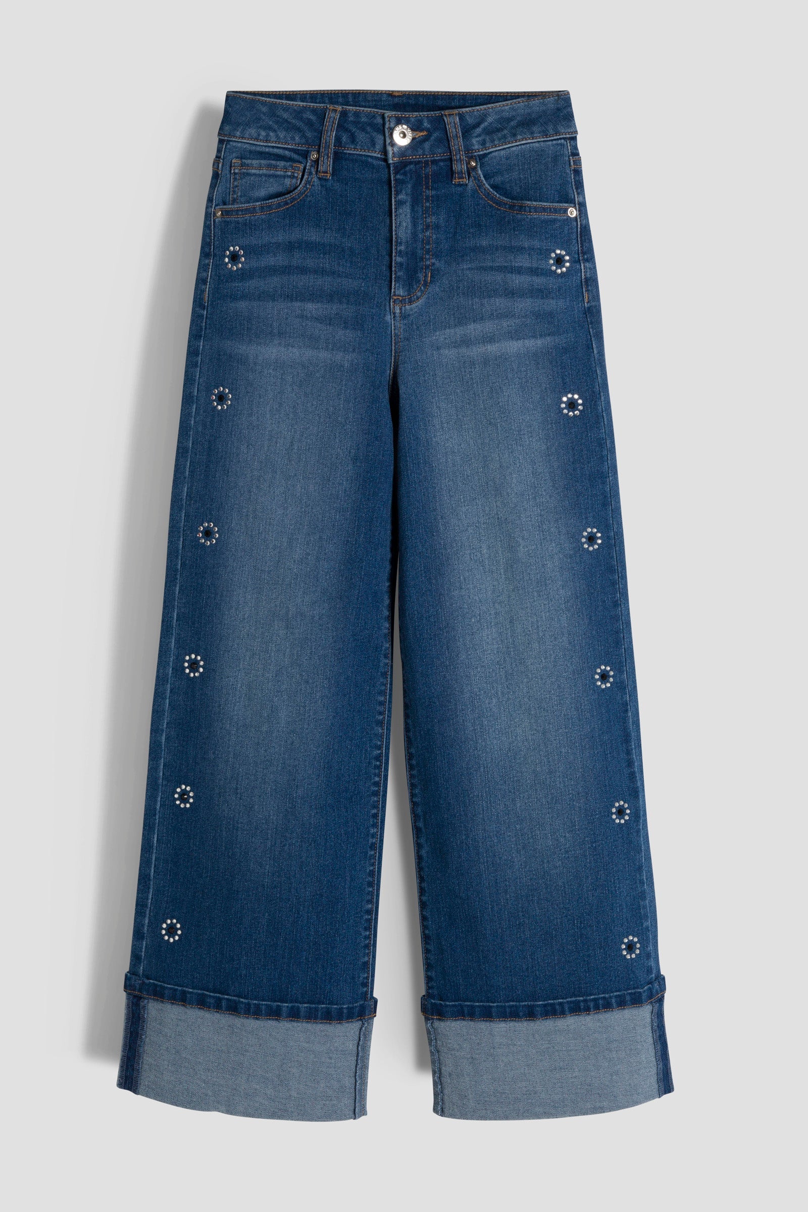 Girls Hot Fix Stud Cuffed Wide Jeans