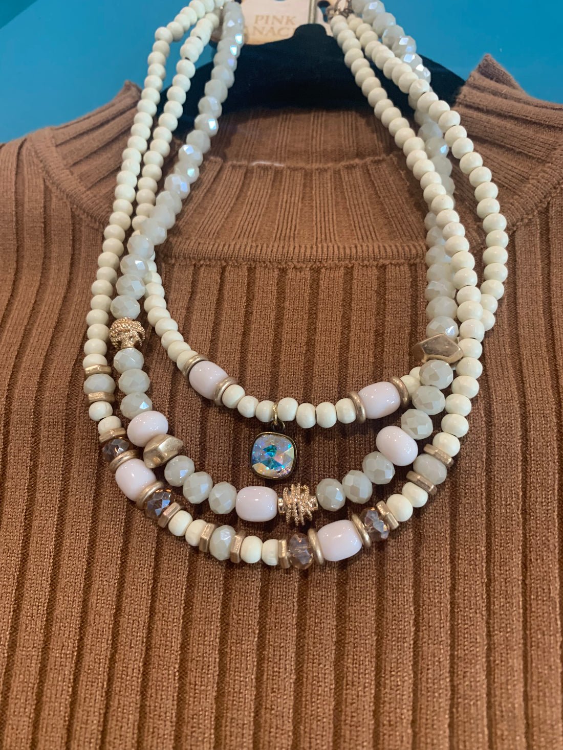 Triple Strand Ivory Crystal and Wood Bead Necklace