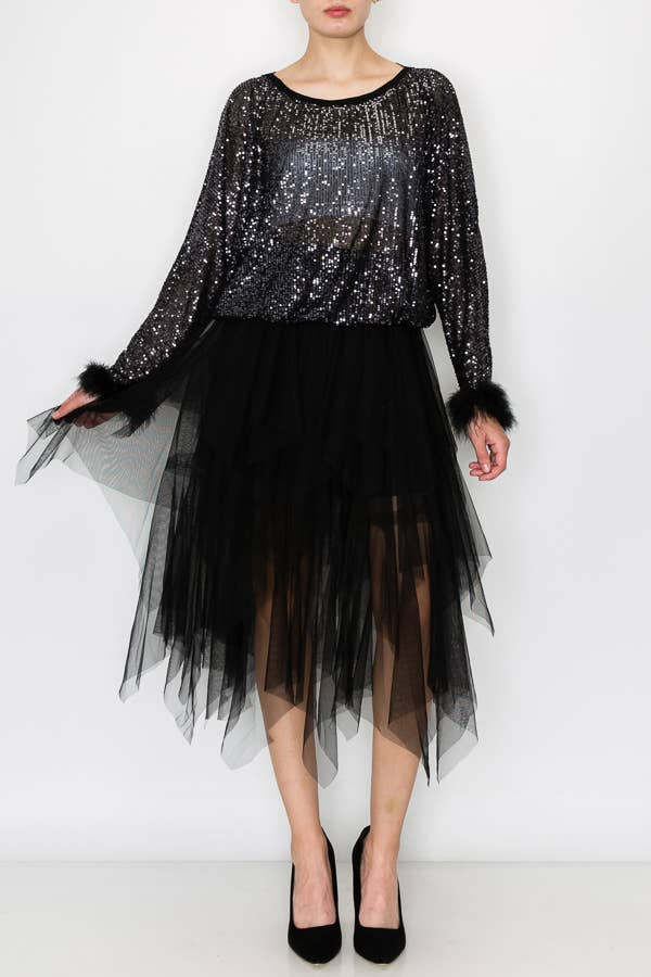 Black Sequin Top with Faux Feather Trimmed Sleeve