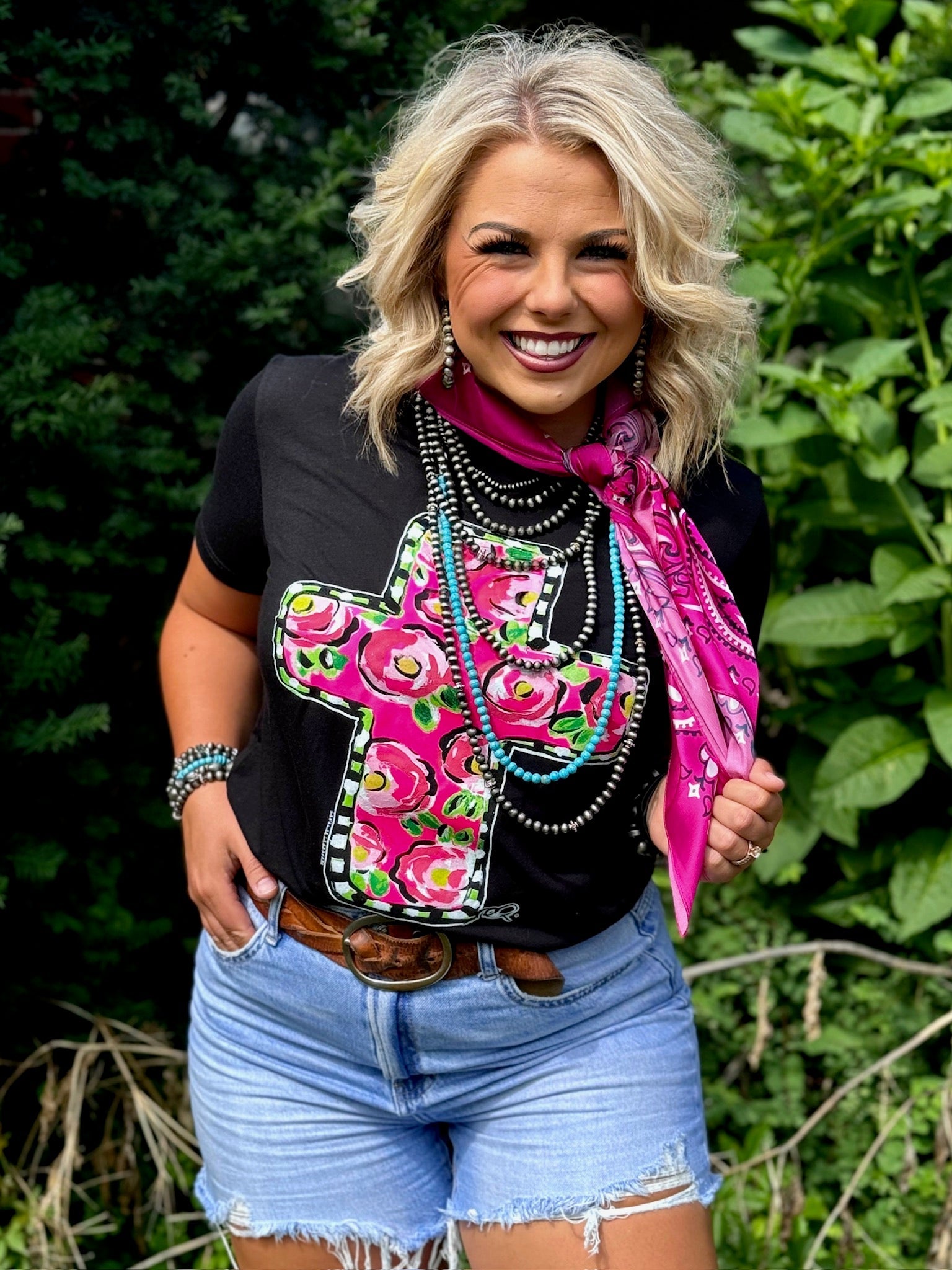 Tees Callie Ann Stelter Pink Floral Cross Tee