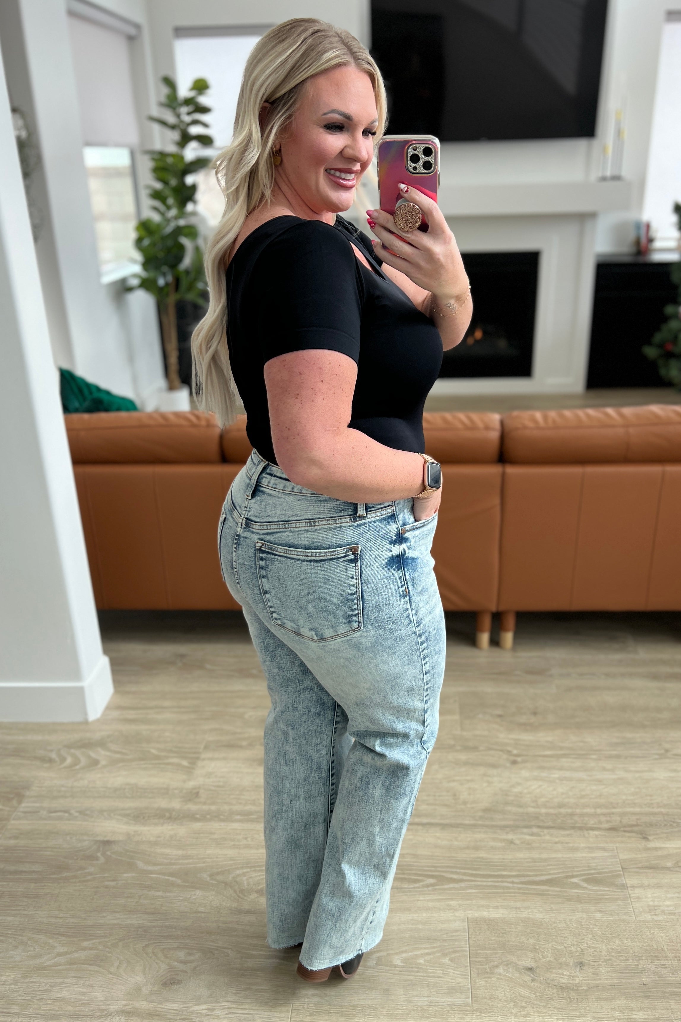 Denim Dory High Waist Mineral Wash Raw Hem Wide Leg Jeans