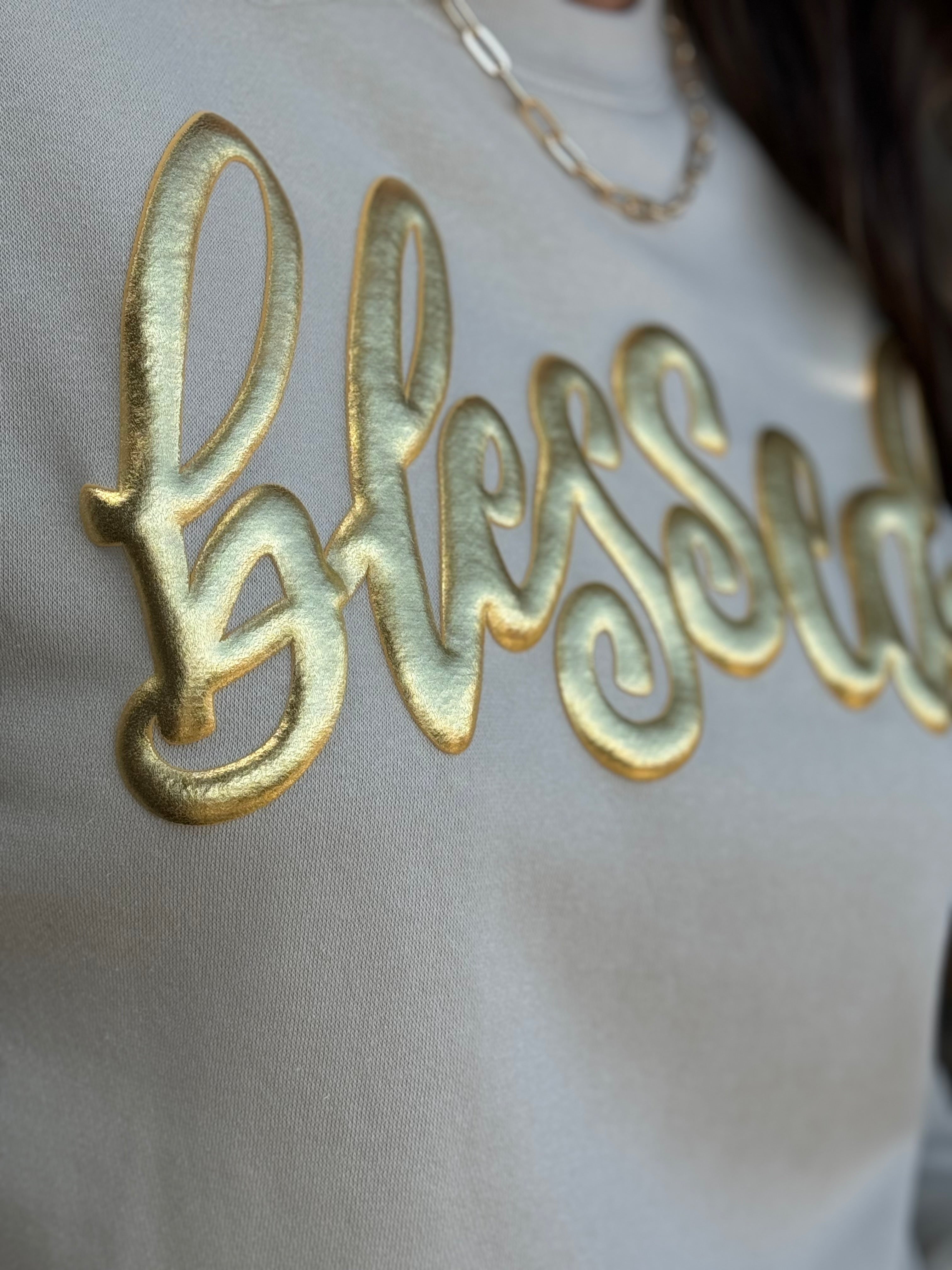 Tees Blessed in Gold Metallic Puff Sweatshirt