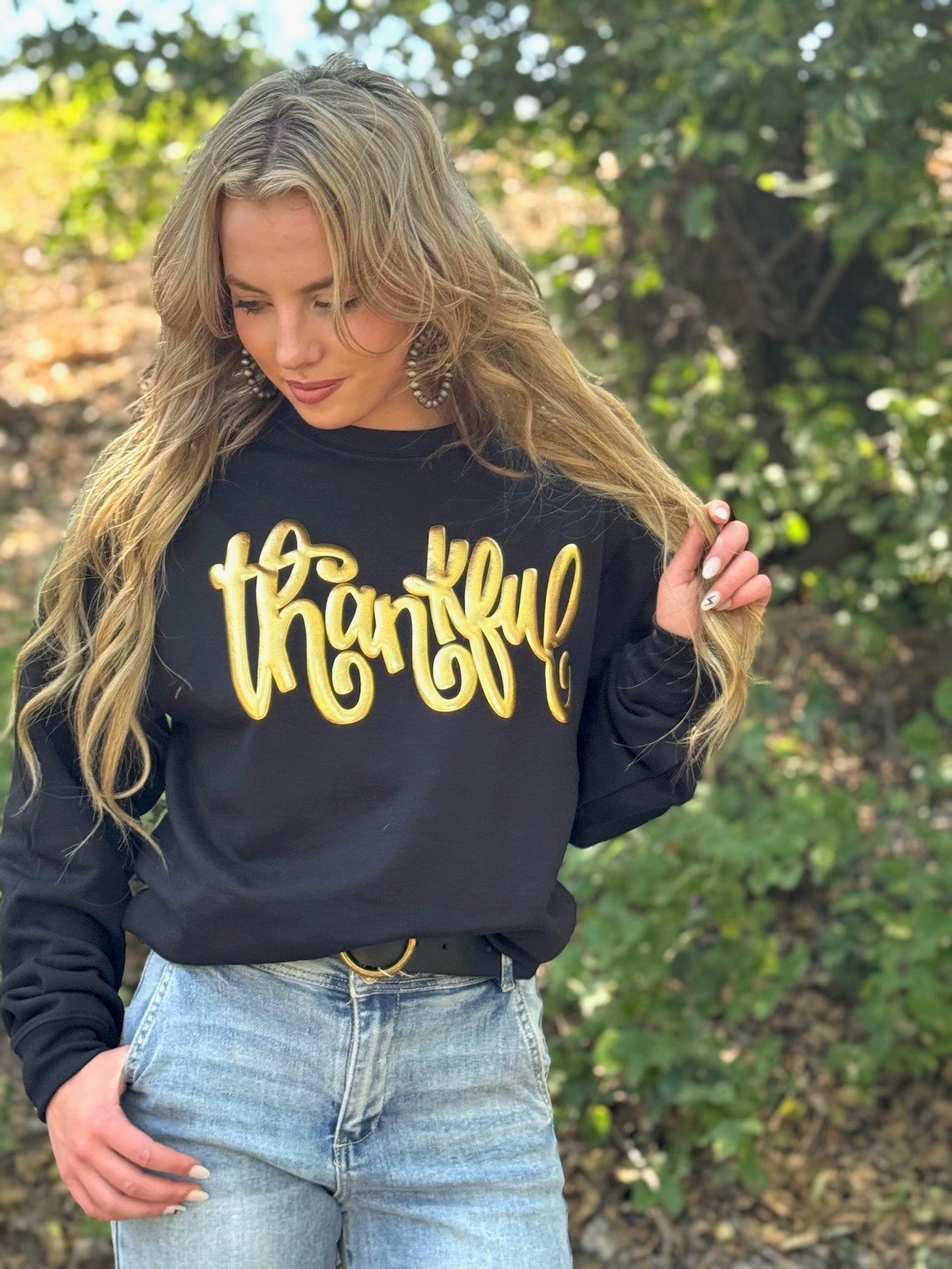 Sweaters Thankful in Gold Metallic Puff Sweatshirt