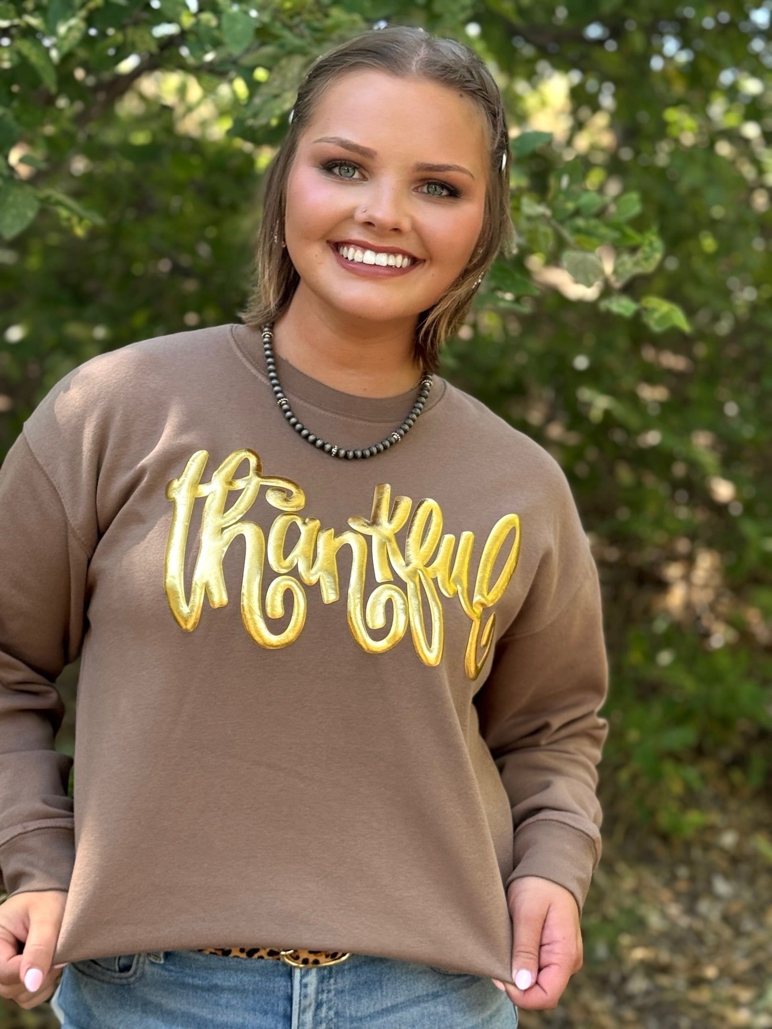 Sweaters Thankful in Gold Metallic Puff Sweatshirt