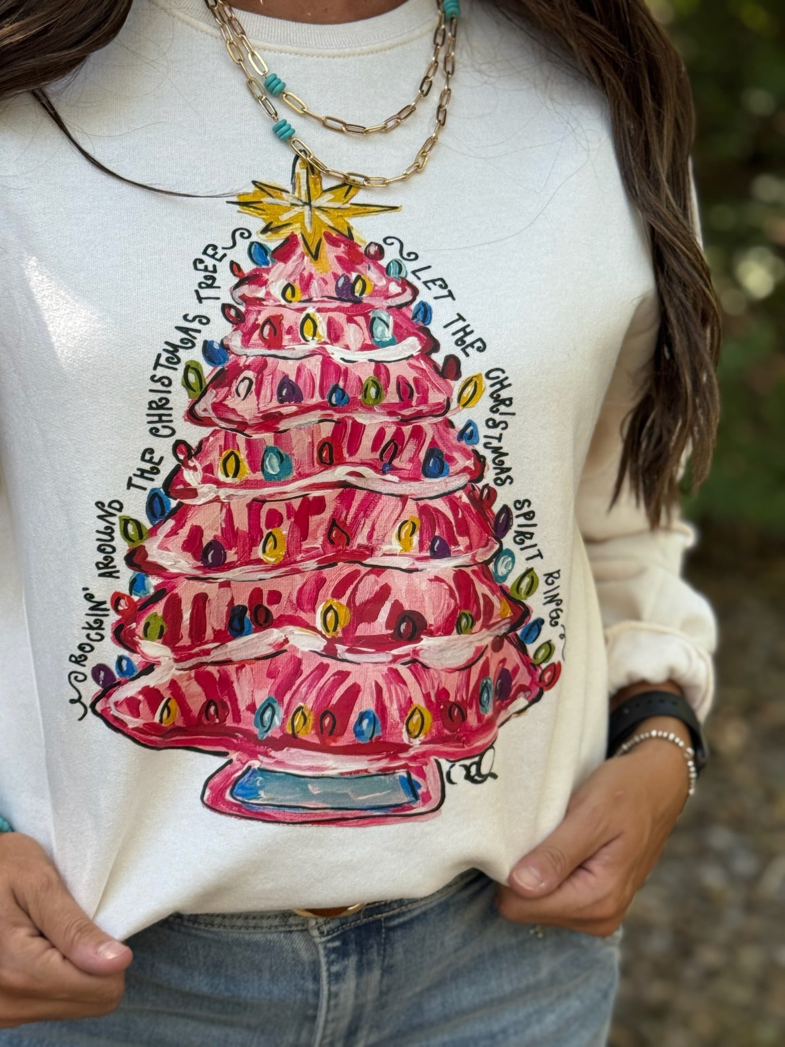 Tees Callie Ann Stelter Pink Christmas Tree Tee & Sweatshirt