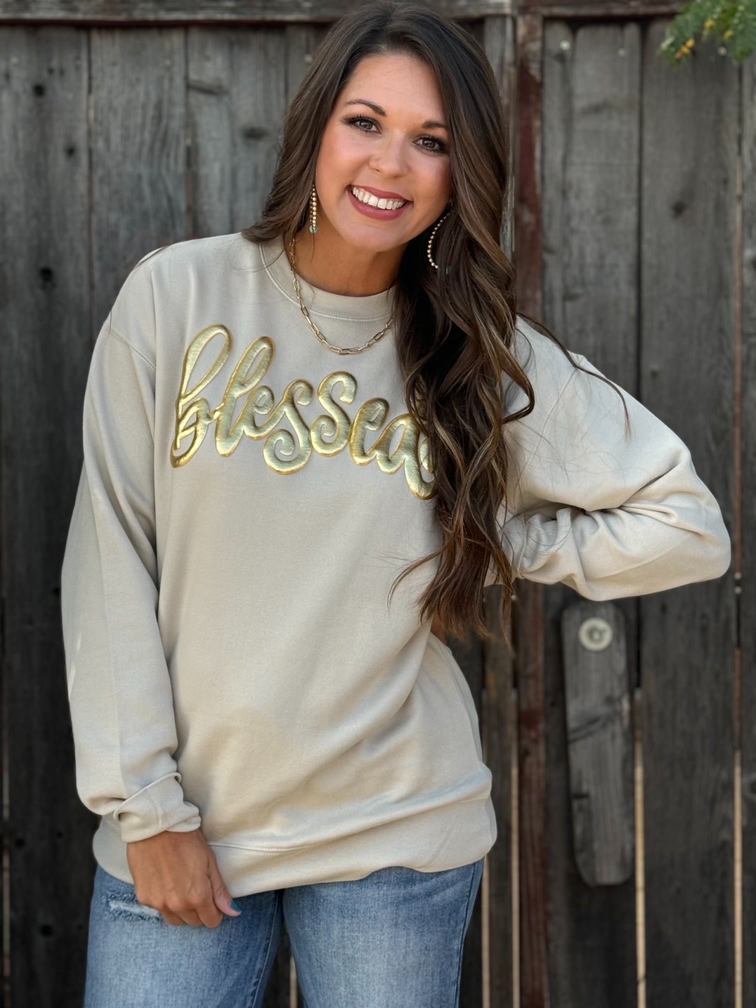 Tees Blessed in Gold Metallic Puff Sweatshirt
