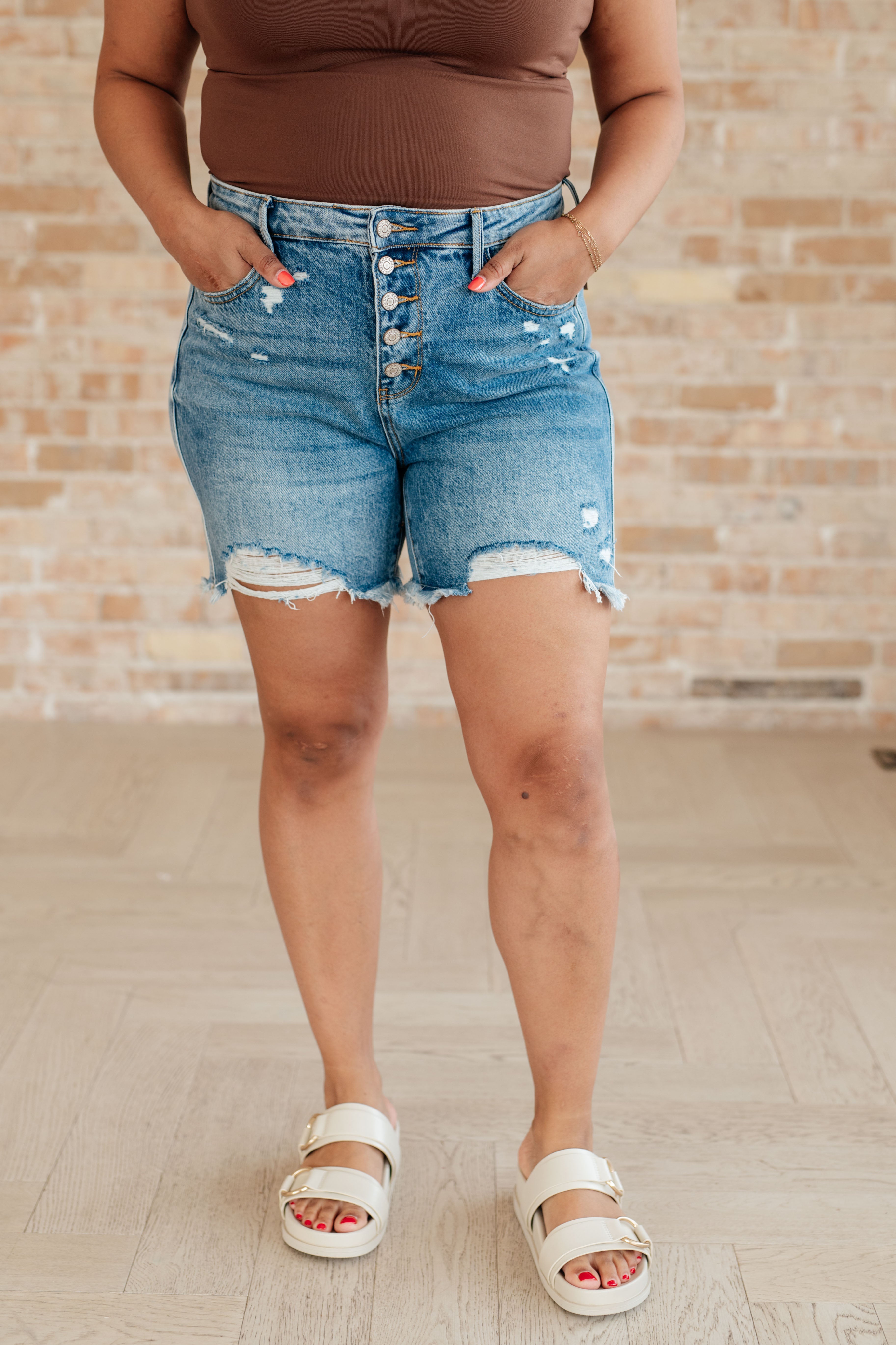 Denim Kara High Rise Rigid Magic Button Fly Cutoff Shorts
