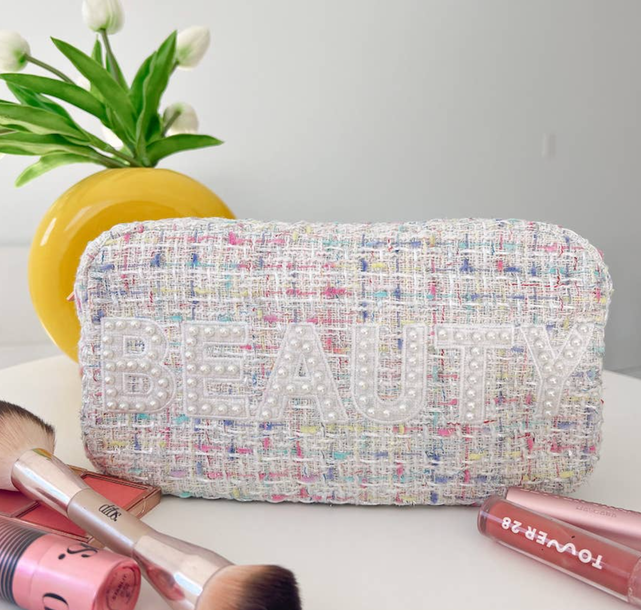 Makeup Bag Beauty Large - White Tweed