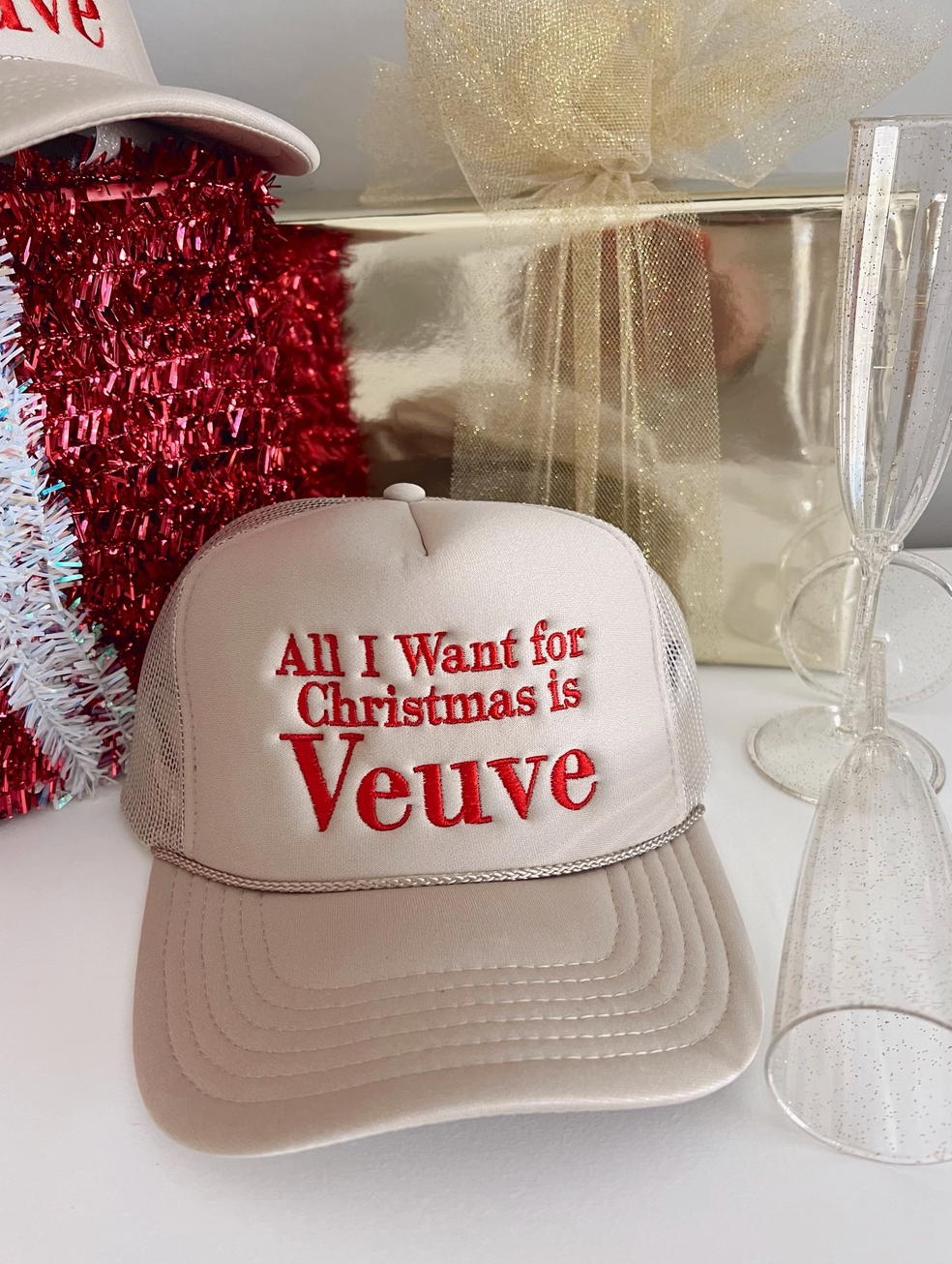 Hat All I Want For Christmas is Veuve - Tan Foam Trucker Hat