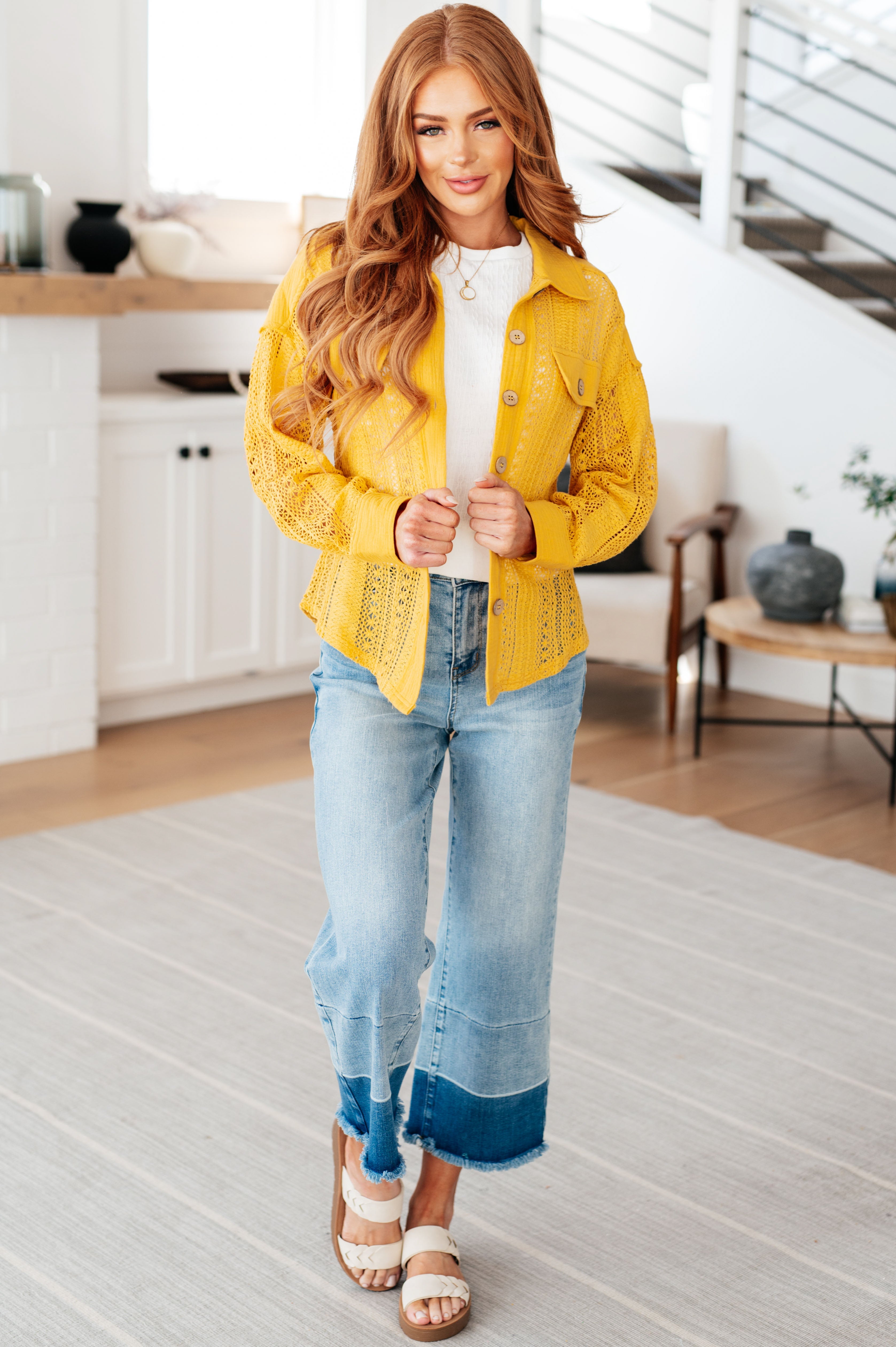 Tops Sweeter Than Nectar Lace Button Down in Honey