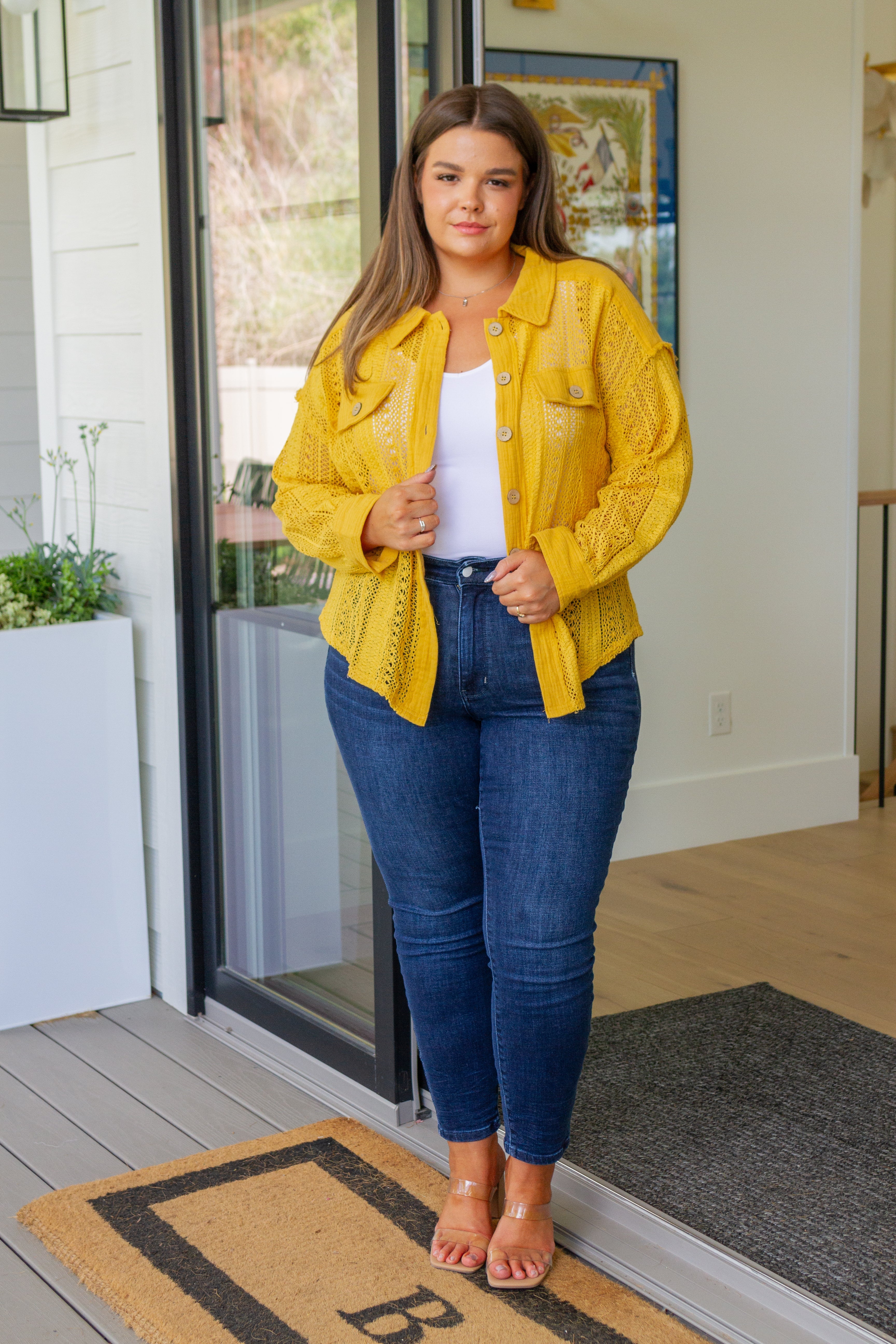 Tops Sweeter Than Nectar Lace Button Down in Honey