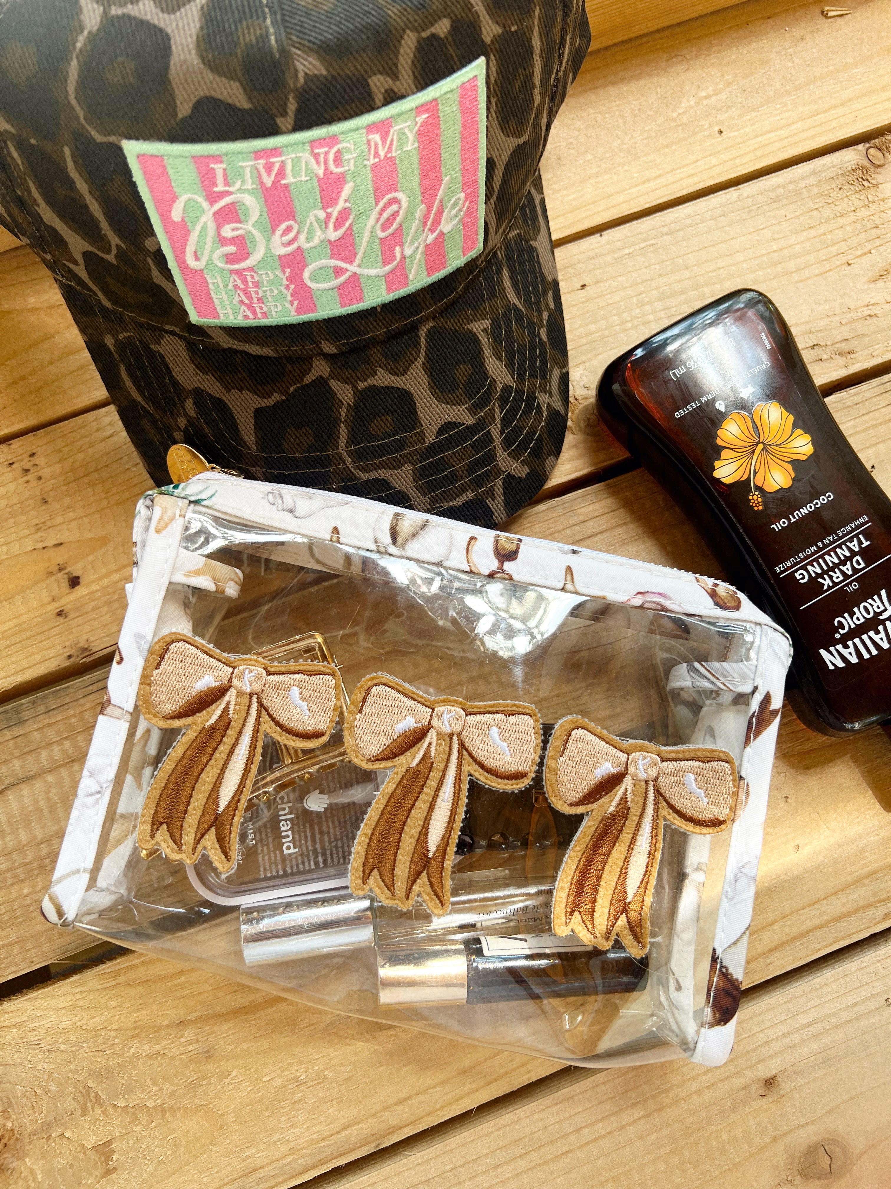 Makeup Bag 3 Brown Bows - Snap Clear Pouch