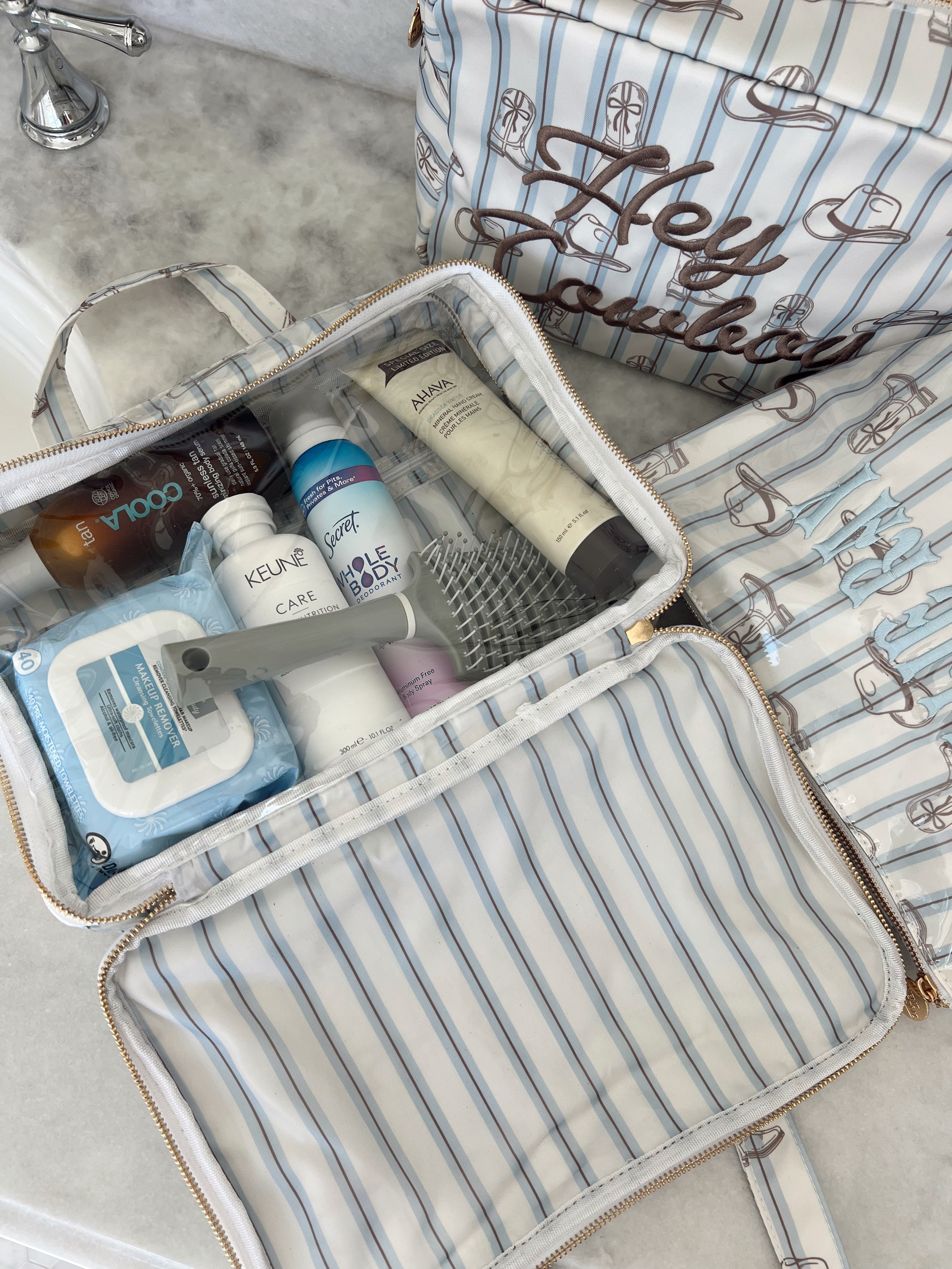 Makeup Bag Western Blues Striped - Clear Coat Toiletry Case - PREORDER