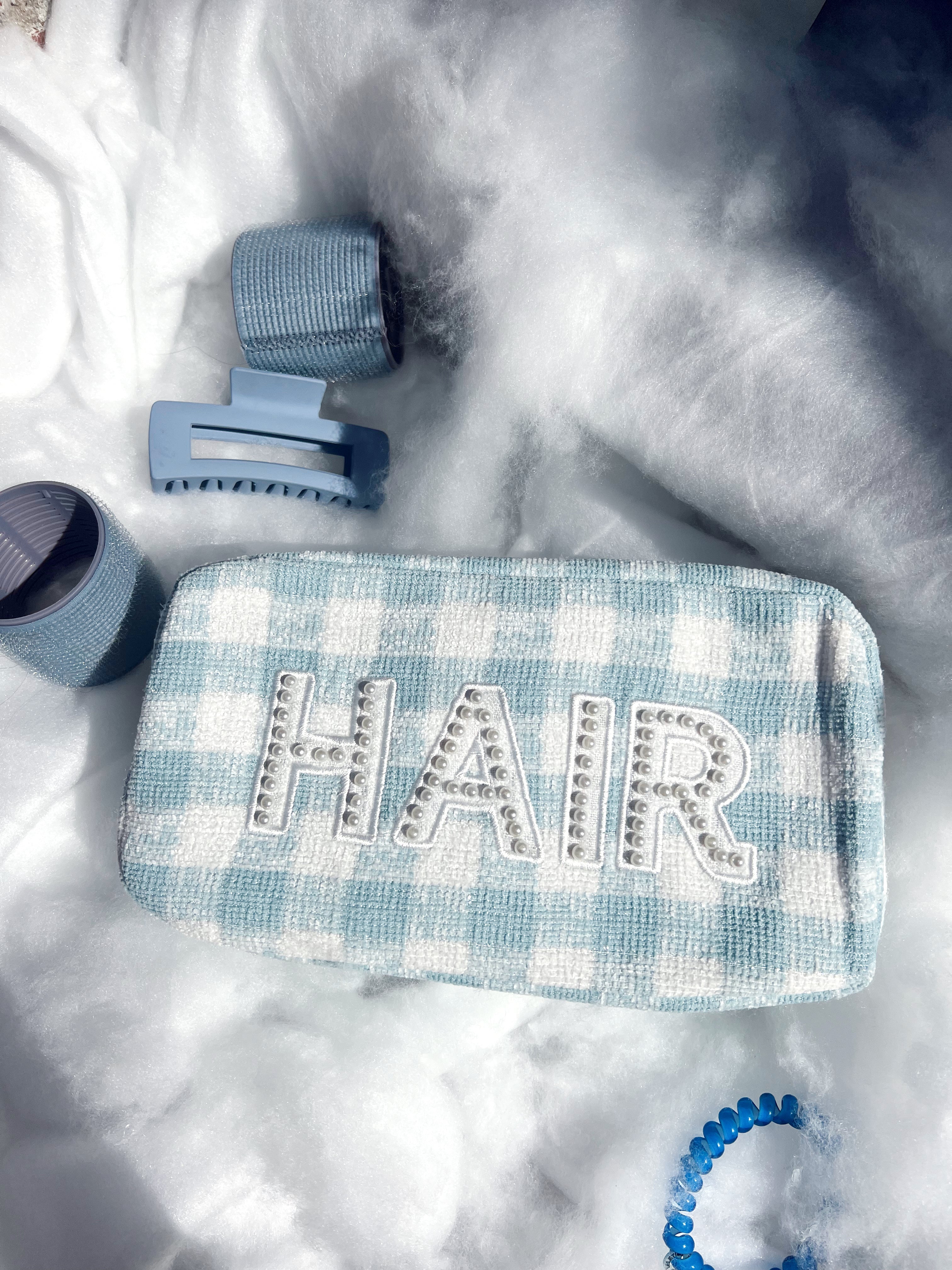 Makeup Bag Hair - Blue Plaid Large Bag