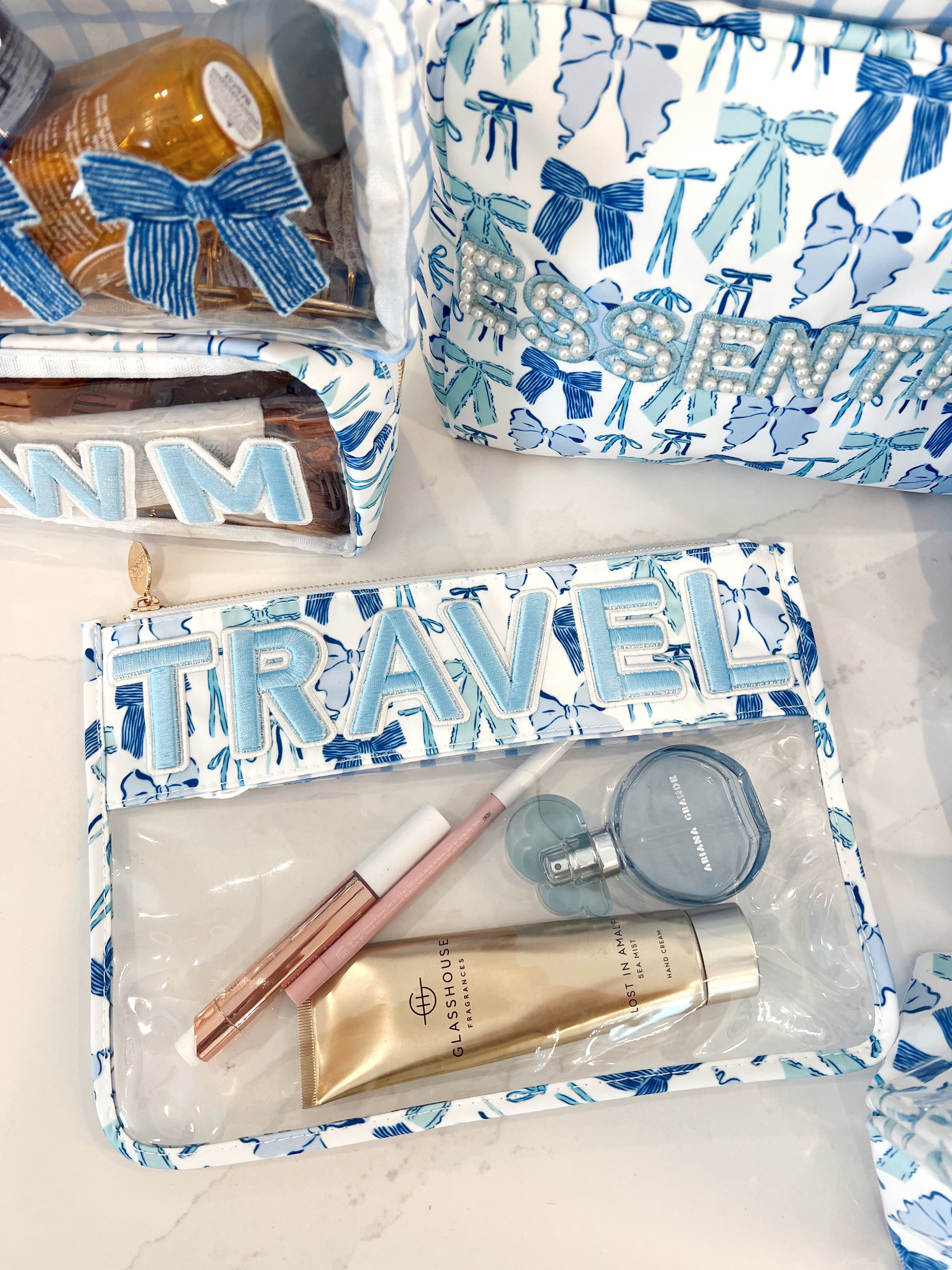 Makeup Bag Travel - Blue Bow Clear Pouch