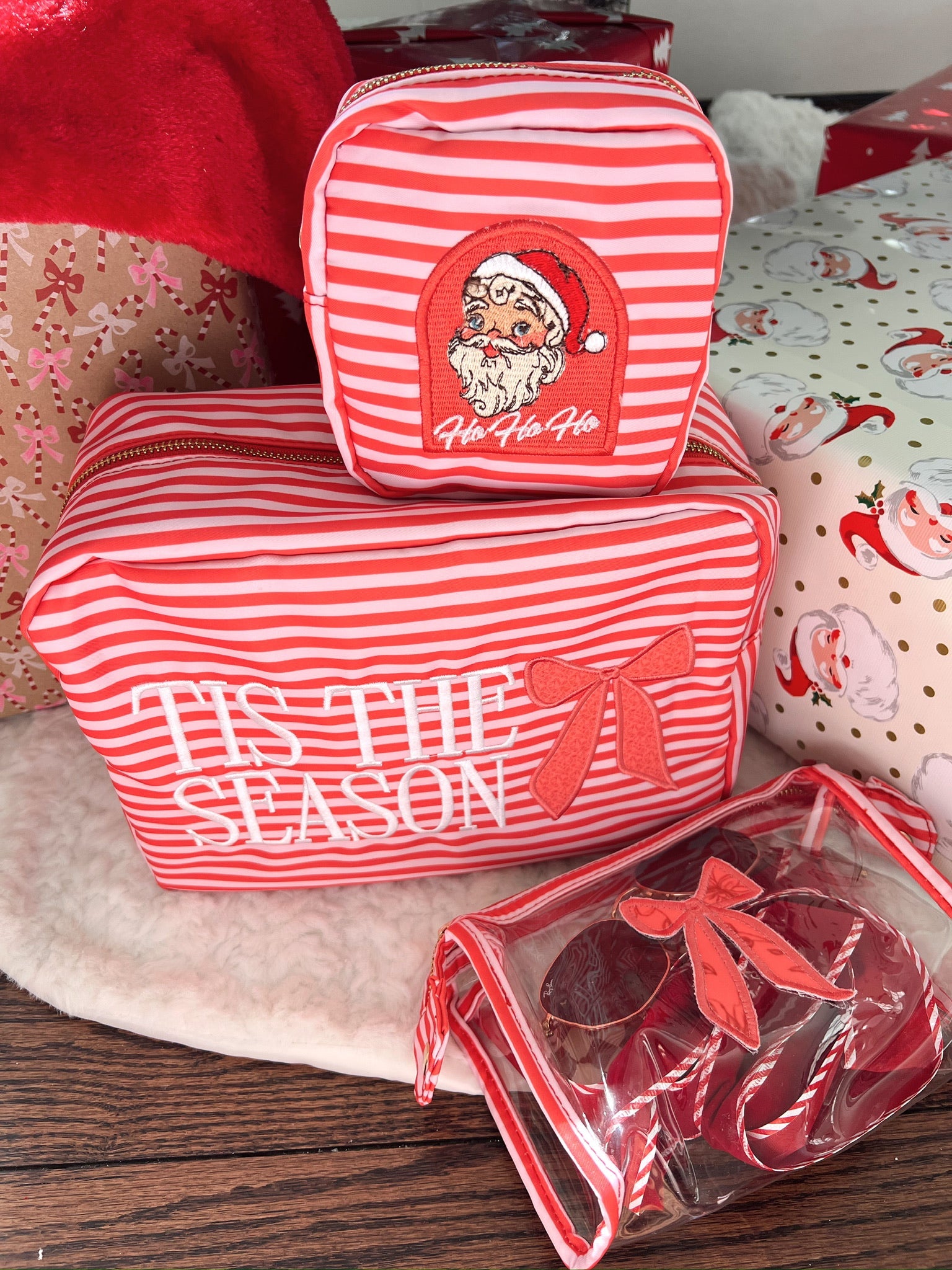 Makeup Bag Tis The Season - Red Stripes XL Nylon Bag