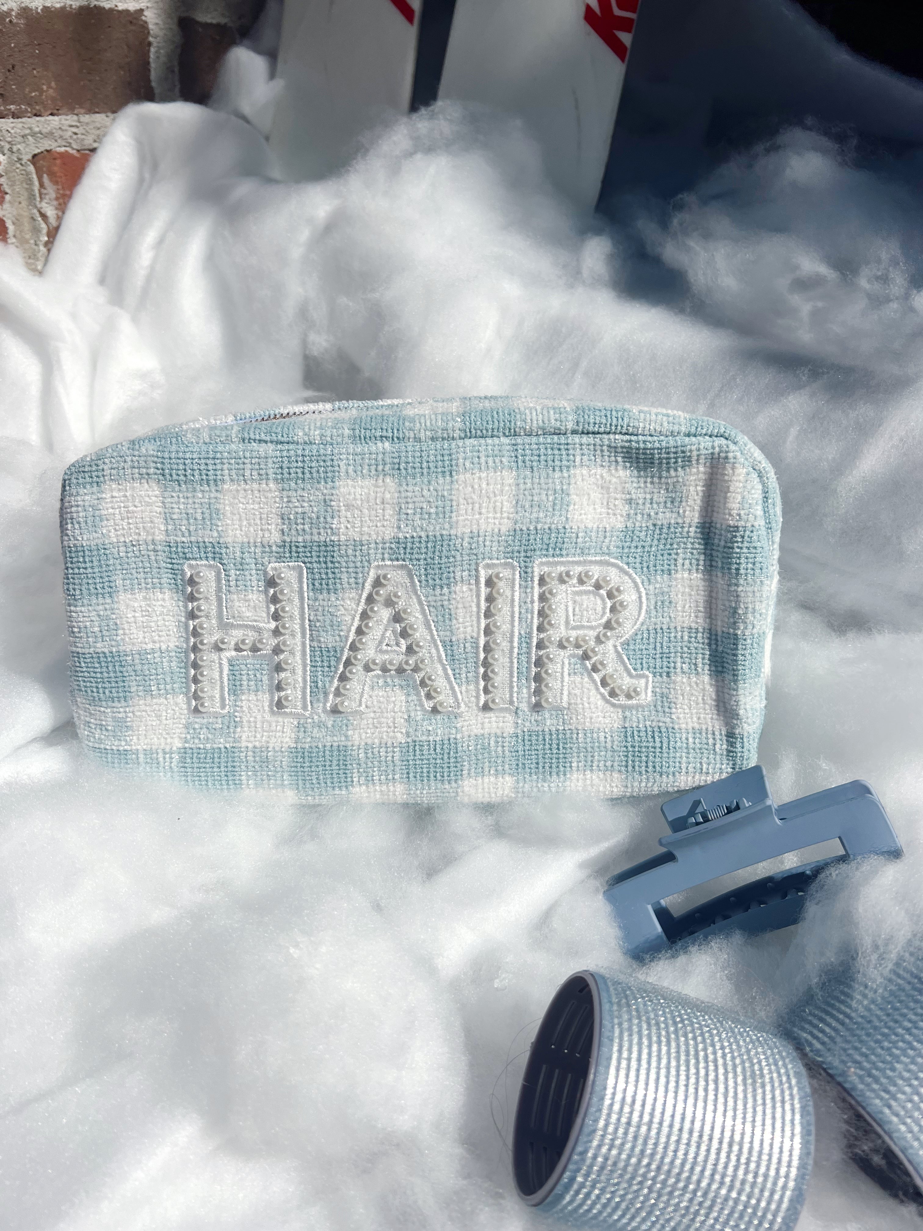 Makeup Bag Hair - Blue Plaid Large Bag